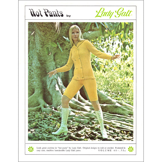 Vintage pattern book cover for 'Hot Pants by Lady Galt' with a model in yellow outfit and white boots in a forest setting.