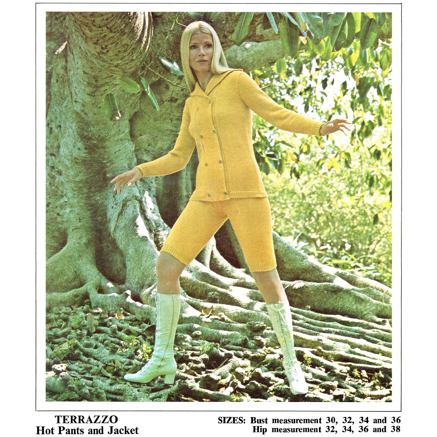 Woman in yellow outfit standing in a natural setting with text about clothing sizes.