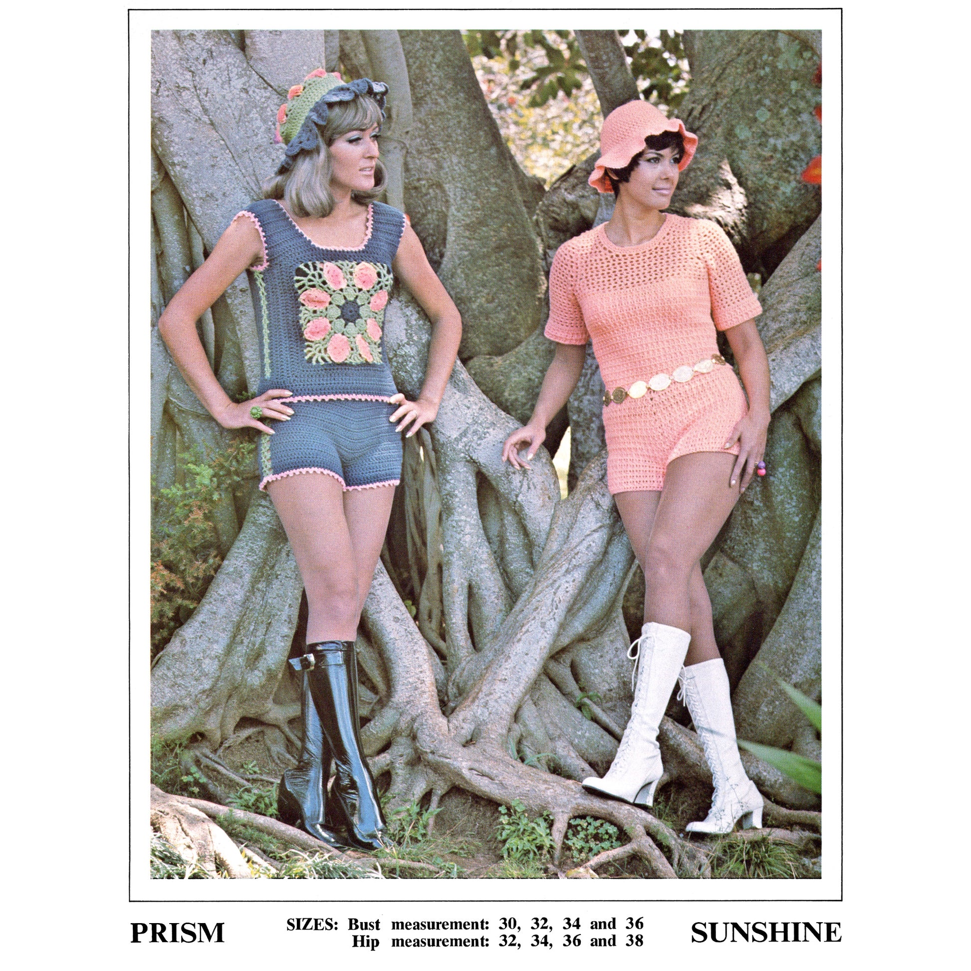 Two women in vintage crocheted tops, shorts, and hats standing against a tree 
