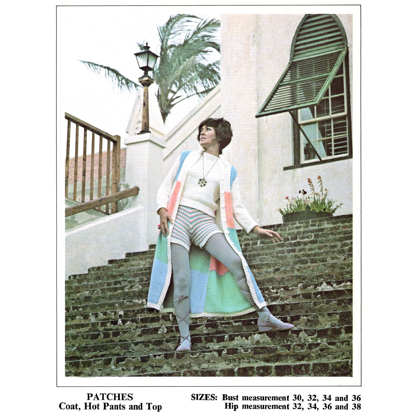Woman standing on steps wearing a colorful coat, white top, and striped hot pants with text about garment sizes.