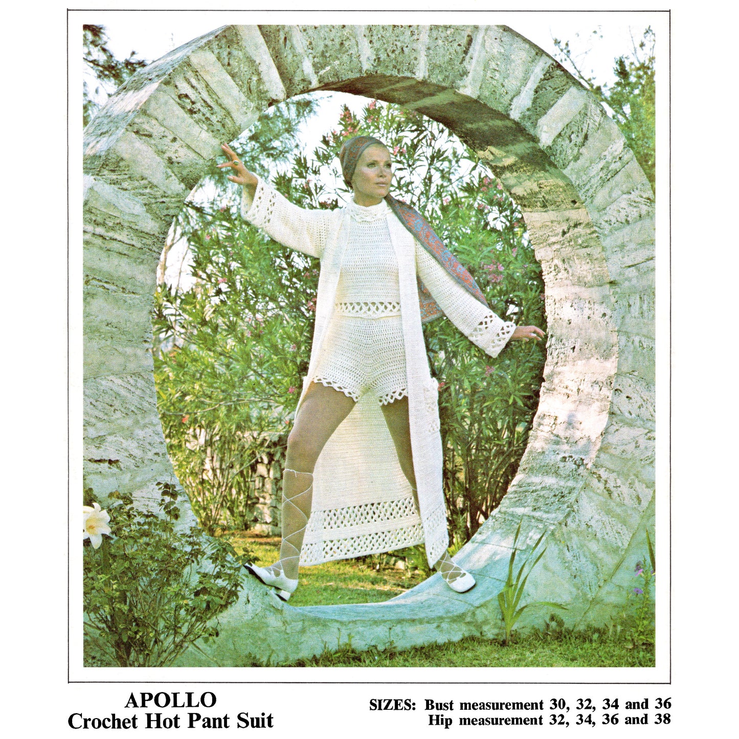 Woman in a crochet hot pant suit standing through a stone archway with text about the Apollo pattern.