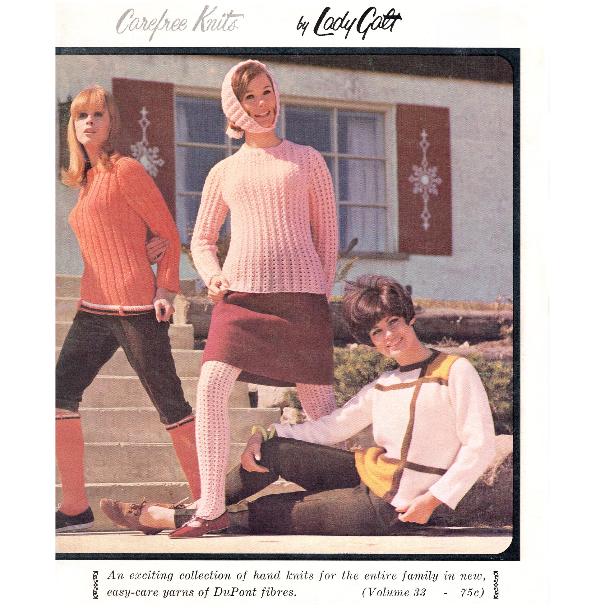 Cover of 1960s knitting and crochet pattern book entitled "Carefree Knits by Lady Galt"