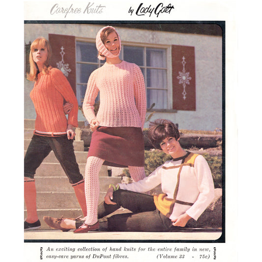 Cover of 1960s knitting and crochet pattern book entitled "Carefree Knits by Lady Galt"
