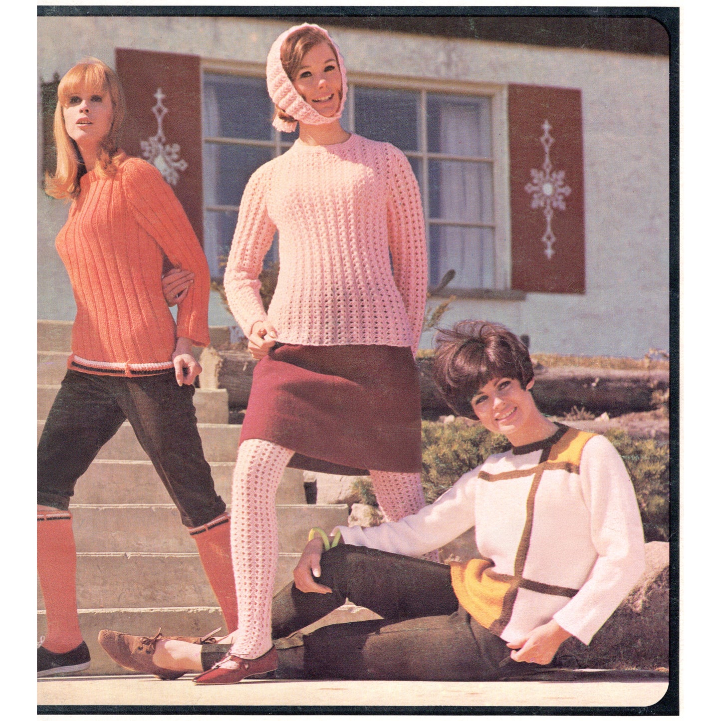 Three women in 1960s handknit sweaters, socks, and hats