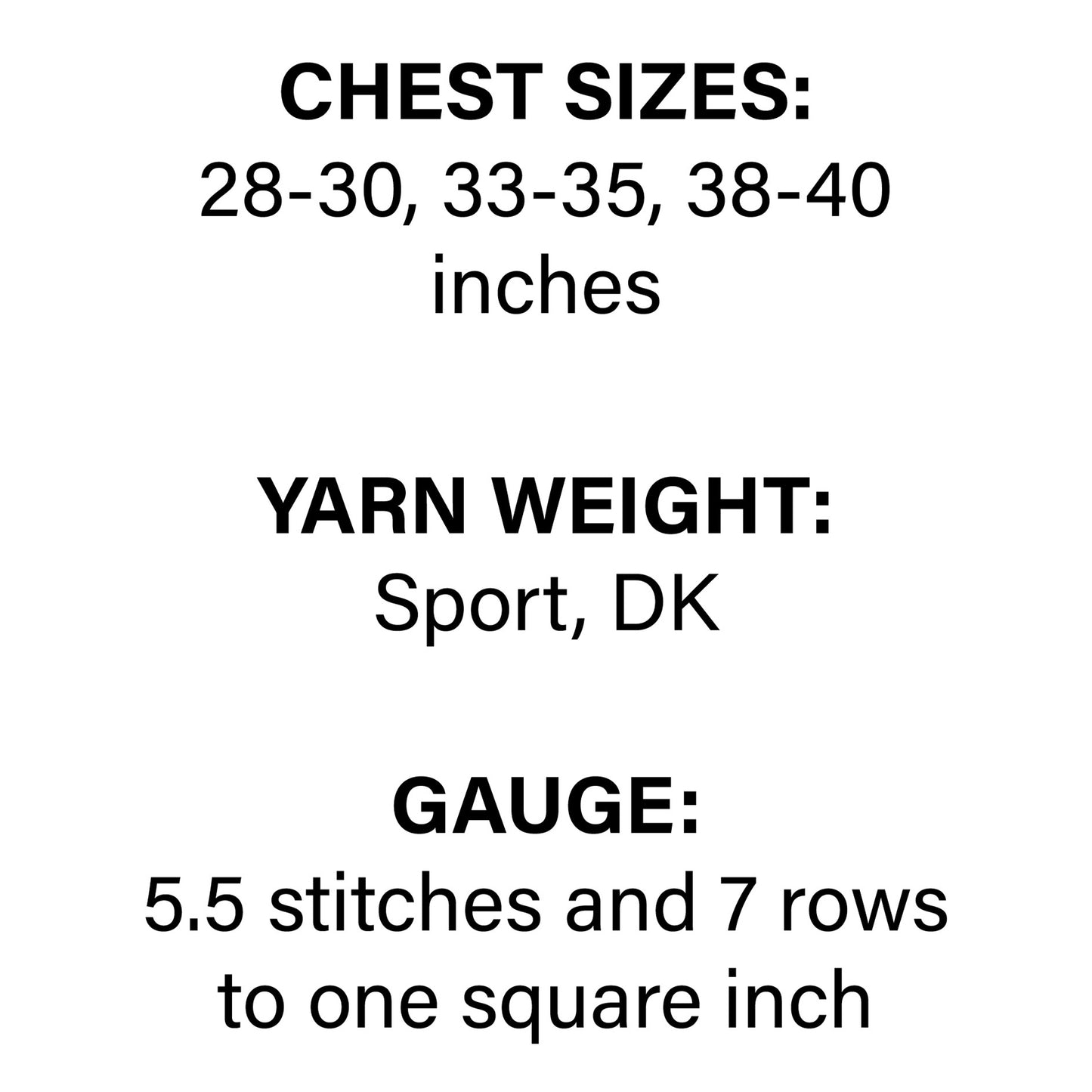 Text displaying chest size, yarn weight, and gauge information on a white background