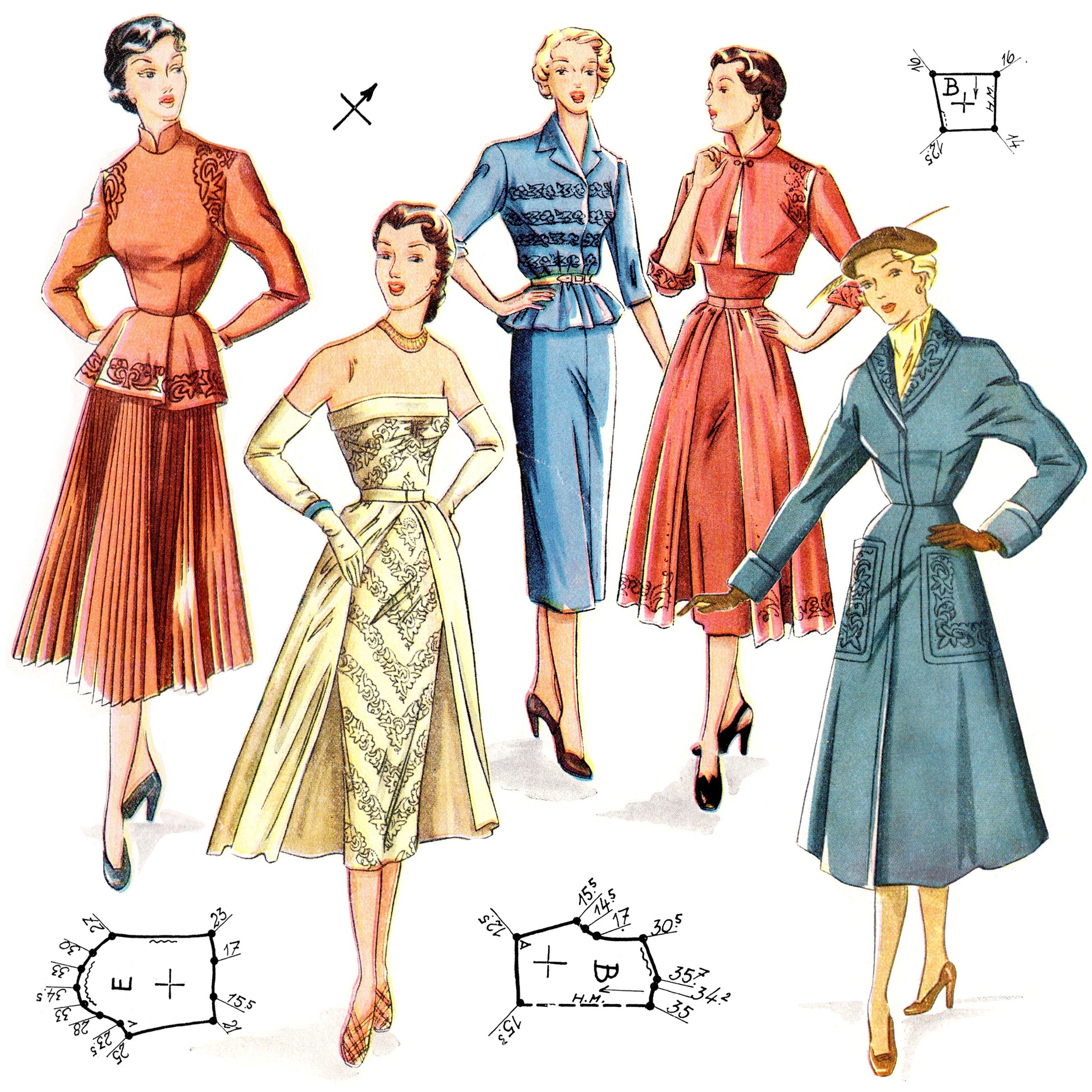 Vintage fashion illustration of women in different outfits with sewing pattern lines.