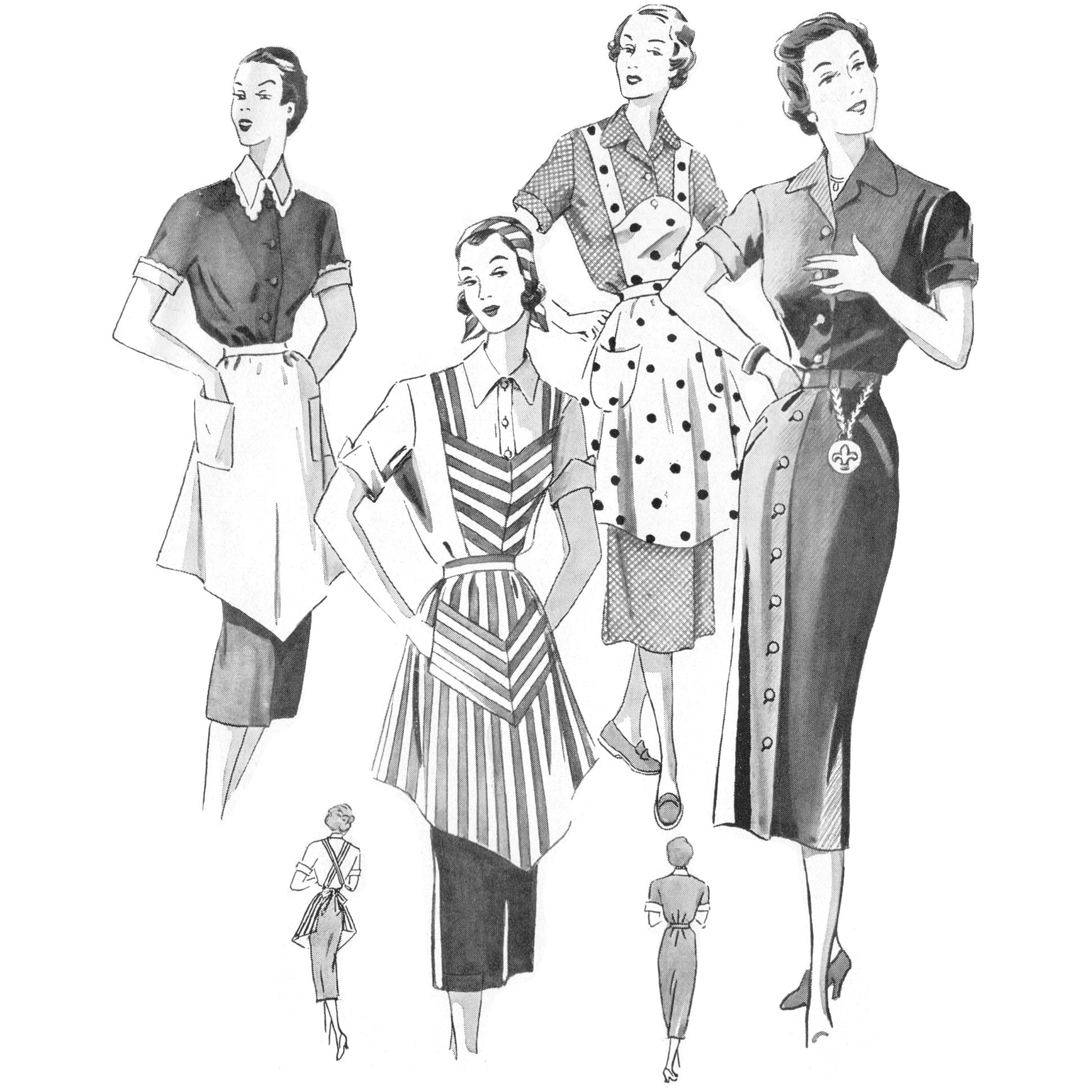 Black and white fashion illustration of women wearing aprons and a day dress from the 1950s.