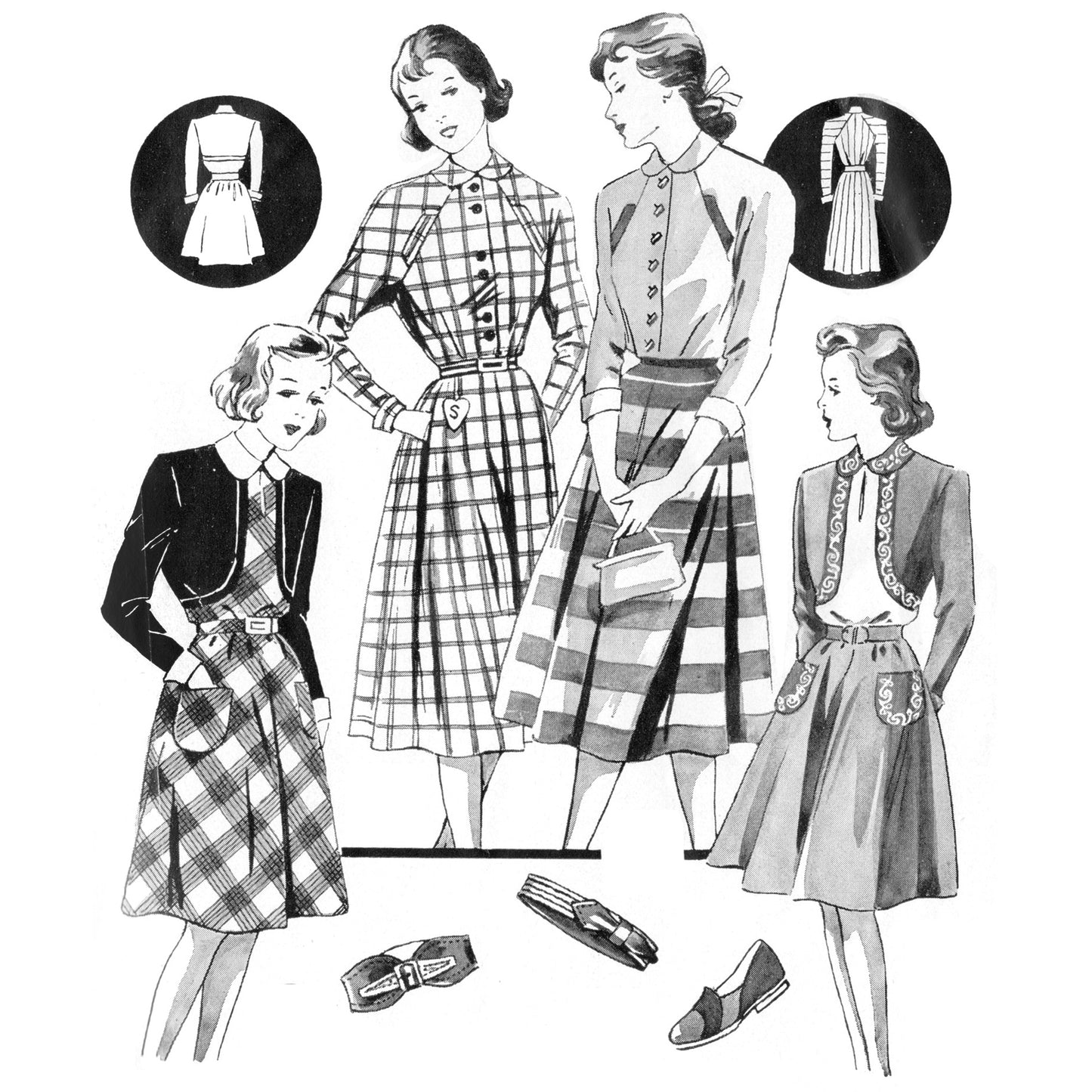 Black and white fashion illustration of girls wearing dresses and skirts from the 1950s.