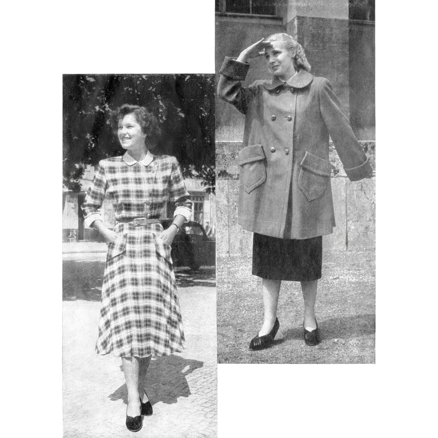 Black and white photo collage of two women wearing 1950s clothing: one in a plaid dress, the other in a short coat