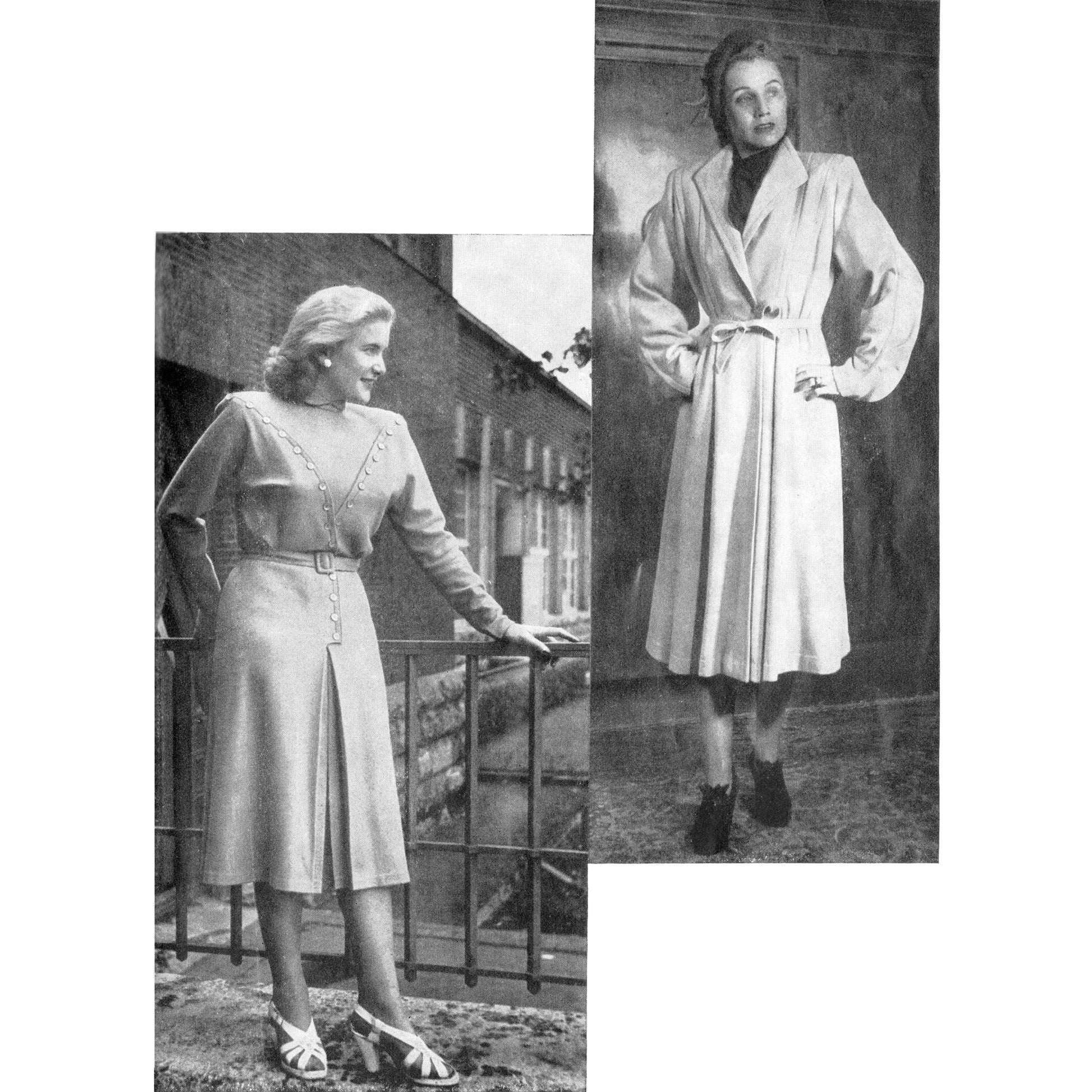 Black and white photo collage of two women wearing 1950s clothing: one in a tailored dress, the other in a long coat.