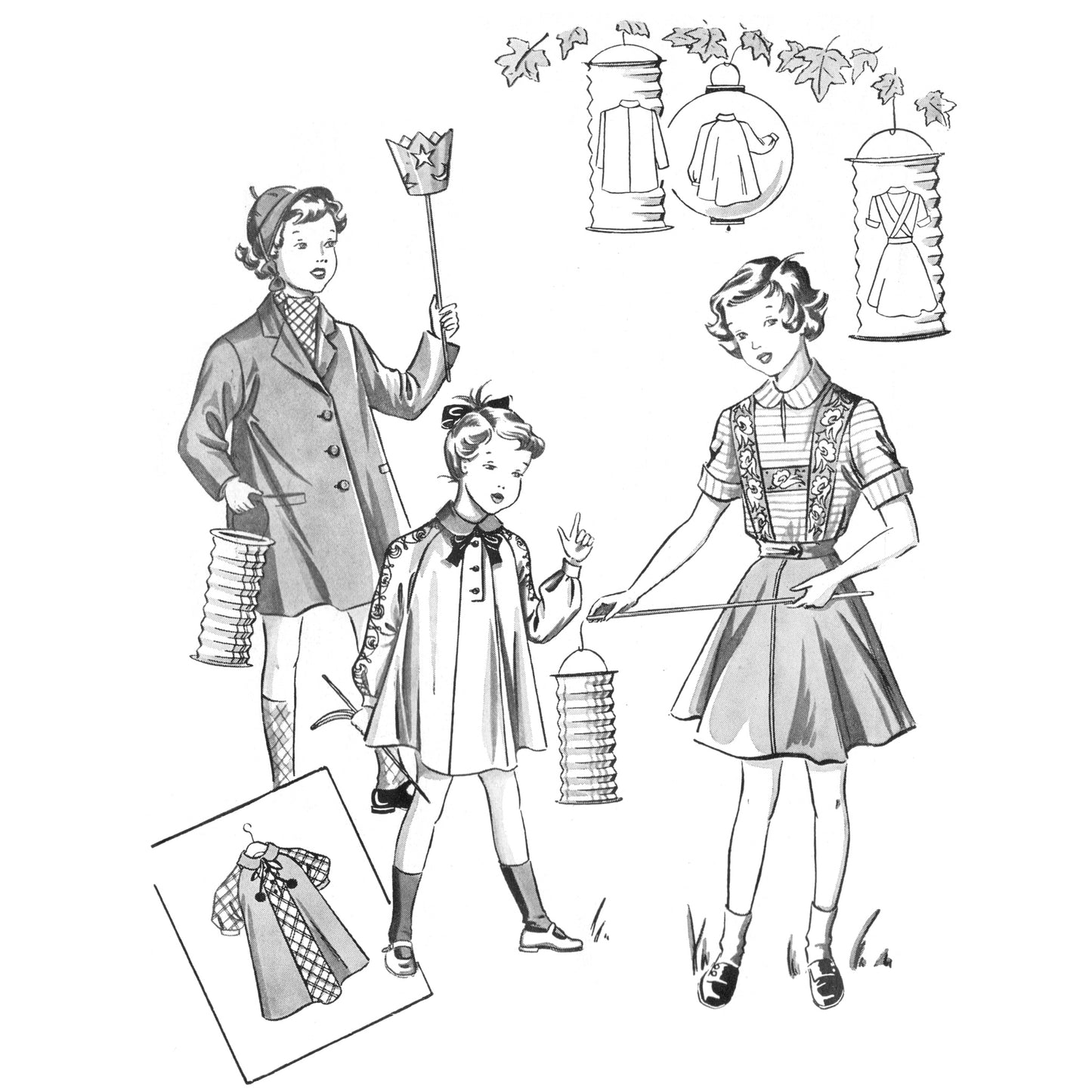Black and white fashion illustration of three girls wearing 1950s clothing