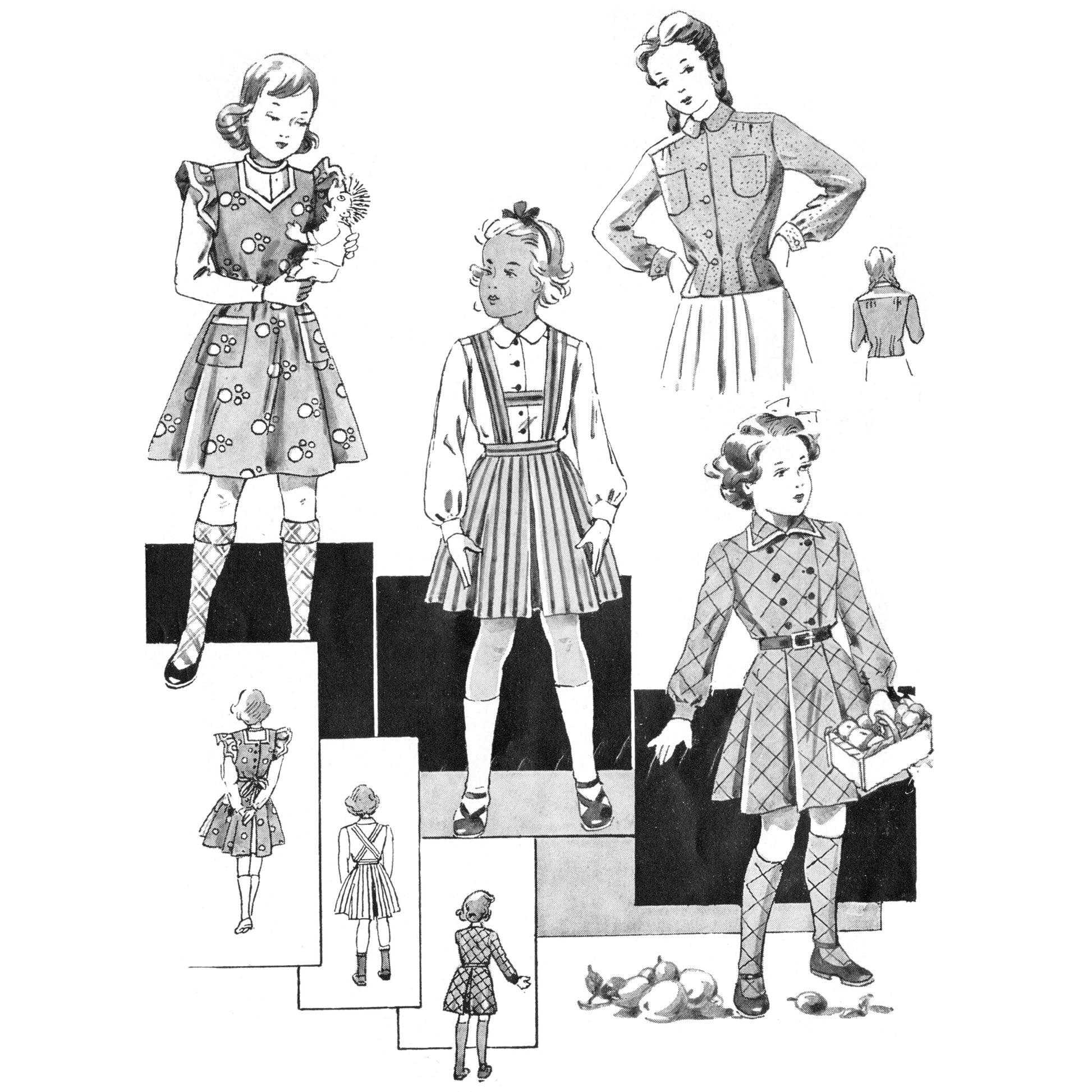 Black and white fashion illustration of four girls wearing 1950s clothing
