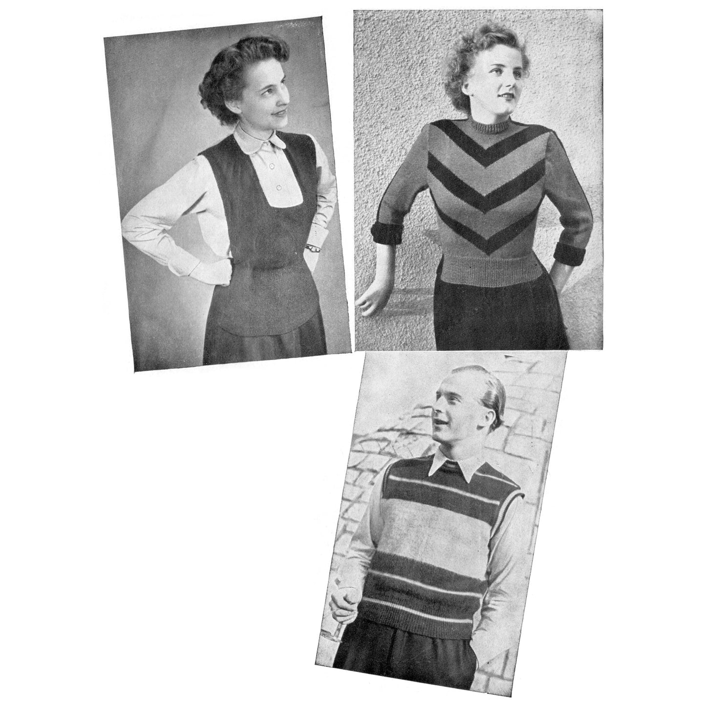 Black and white photo collage of two women and one man wearing 1950s sweaters