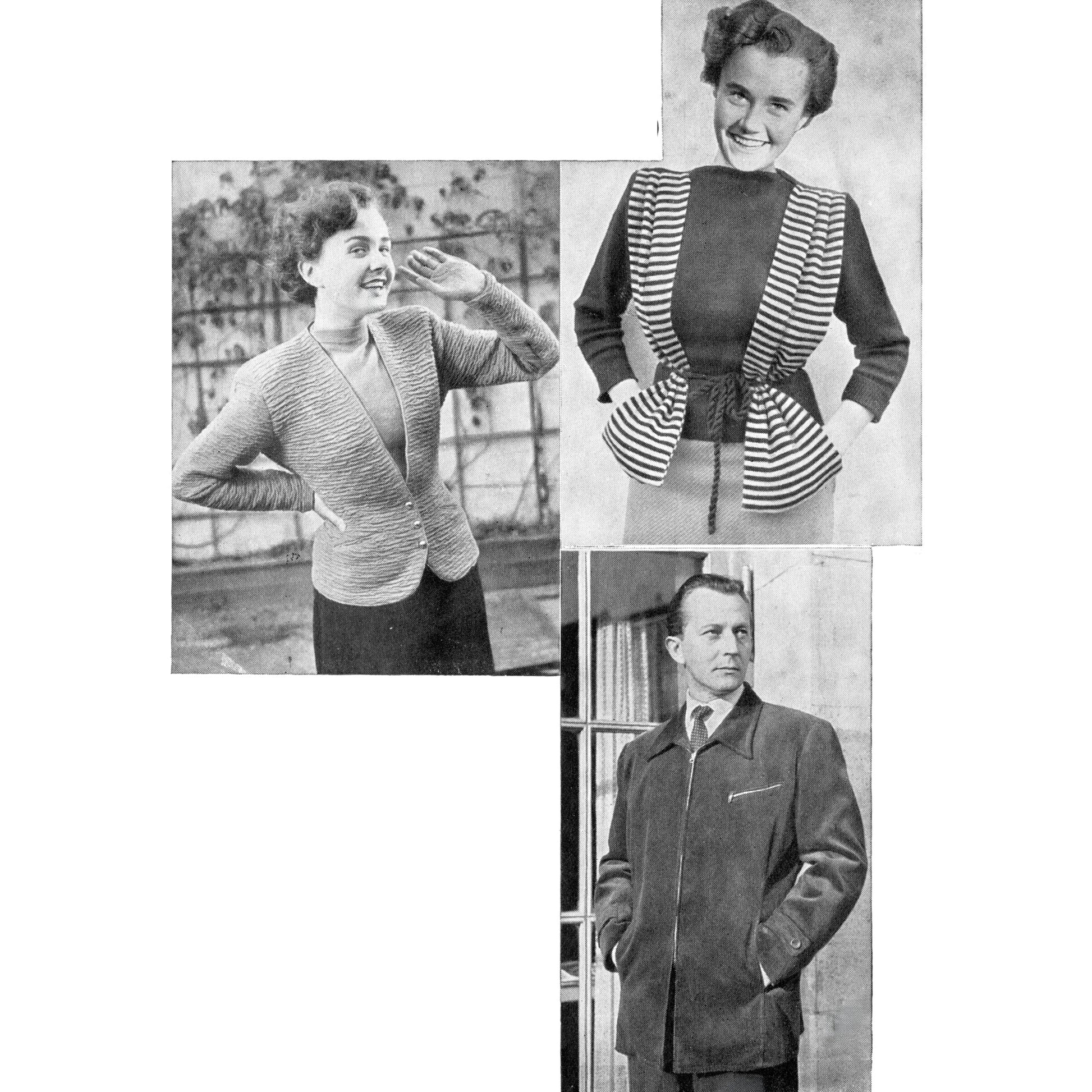 Black and white photo collage of two women wearing 1950s sweaters and a man wearing a jacket with zippered pockets
