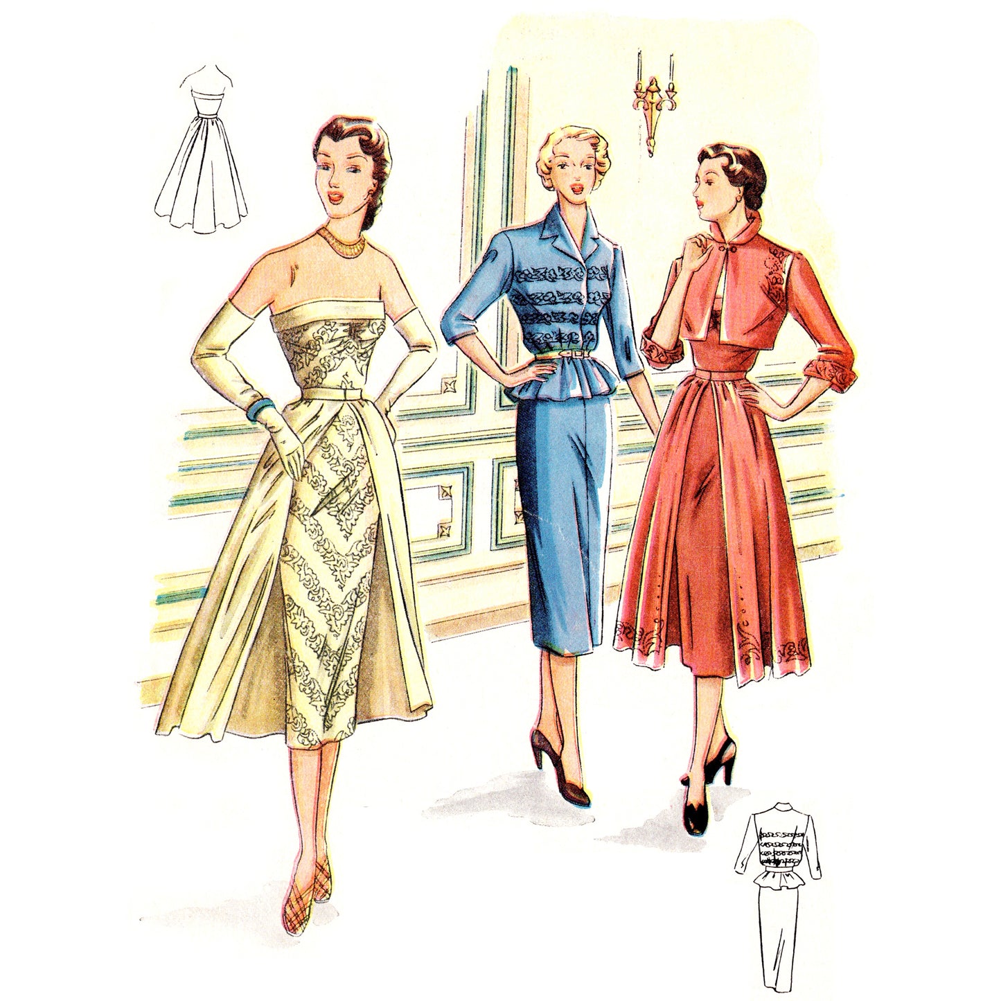 1950s fashion illustration showing three women in evening dresses