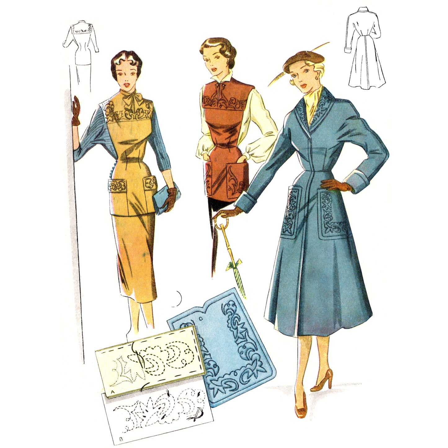 1950s fashion illustration showing three women in embroidered outfits