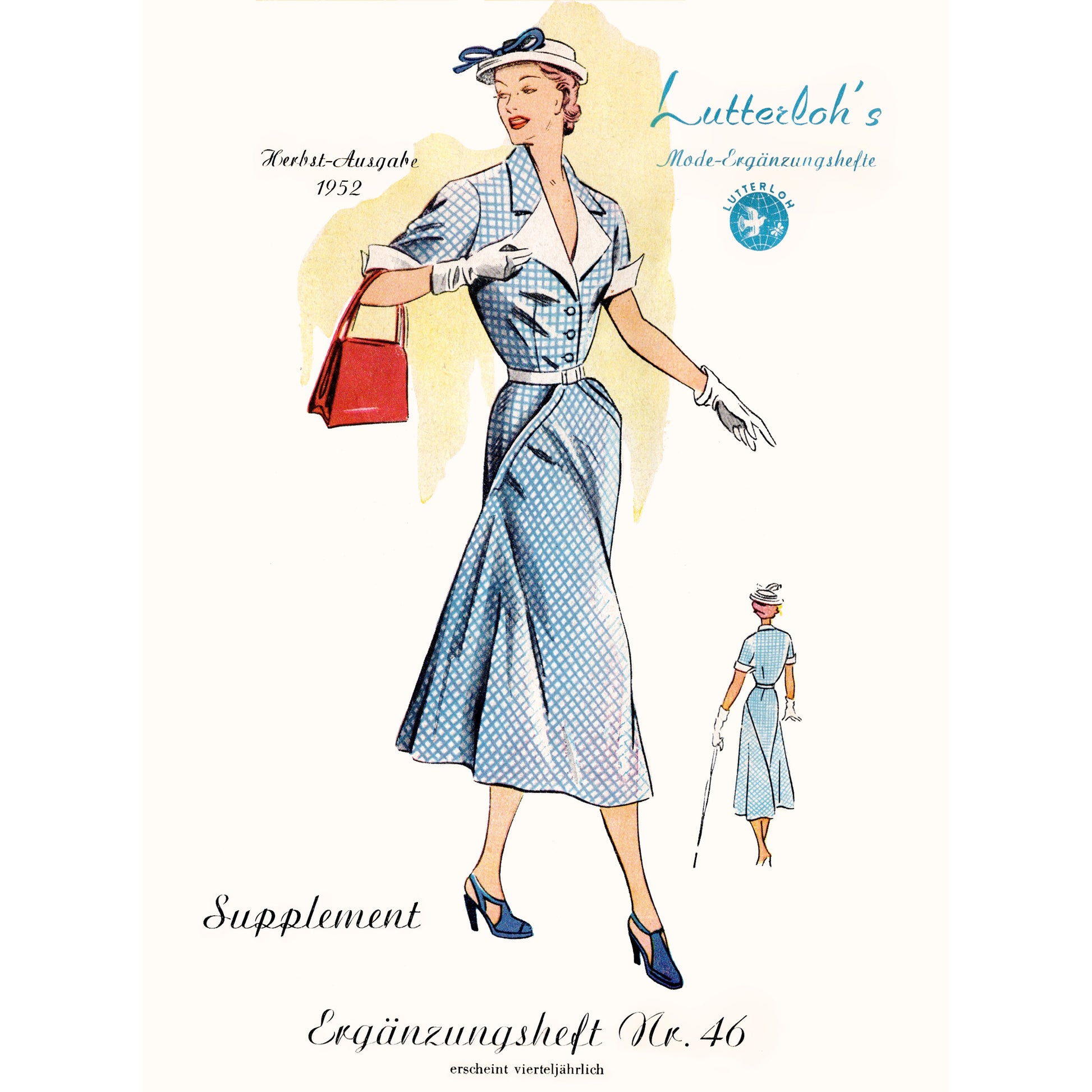 Vintage fashion illustration of a woman in a blue dress with accessories, featuring Lutterloh's brand.