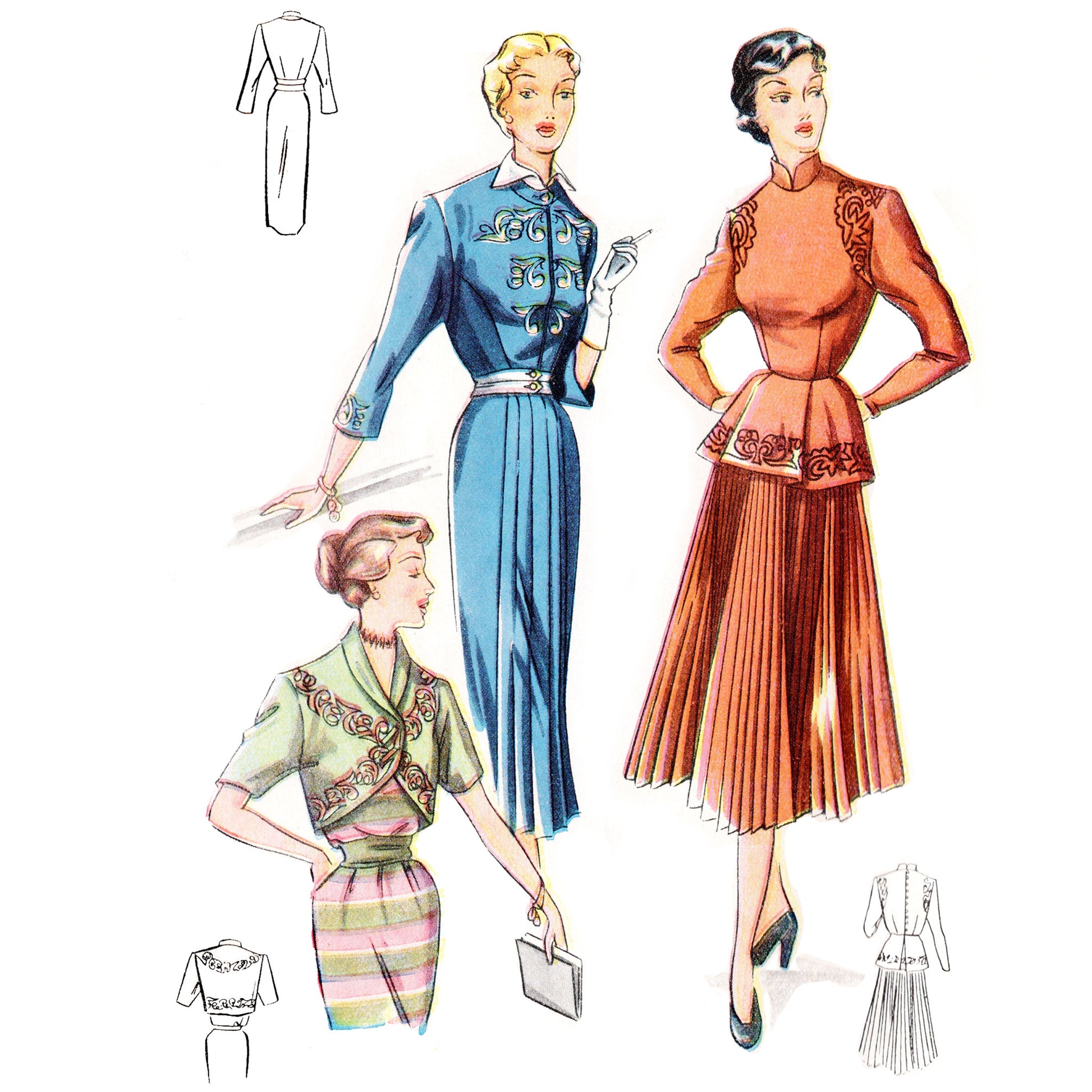 Vintage fashion illustration of three women wearing different outfits with patterns and colors.