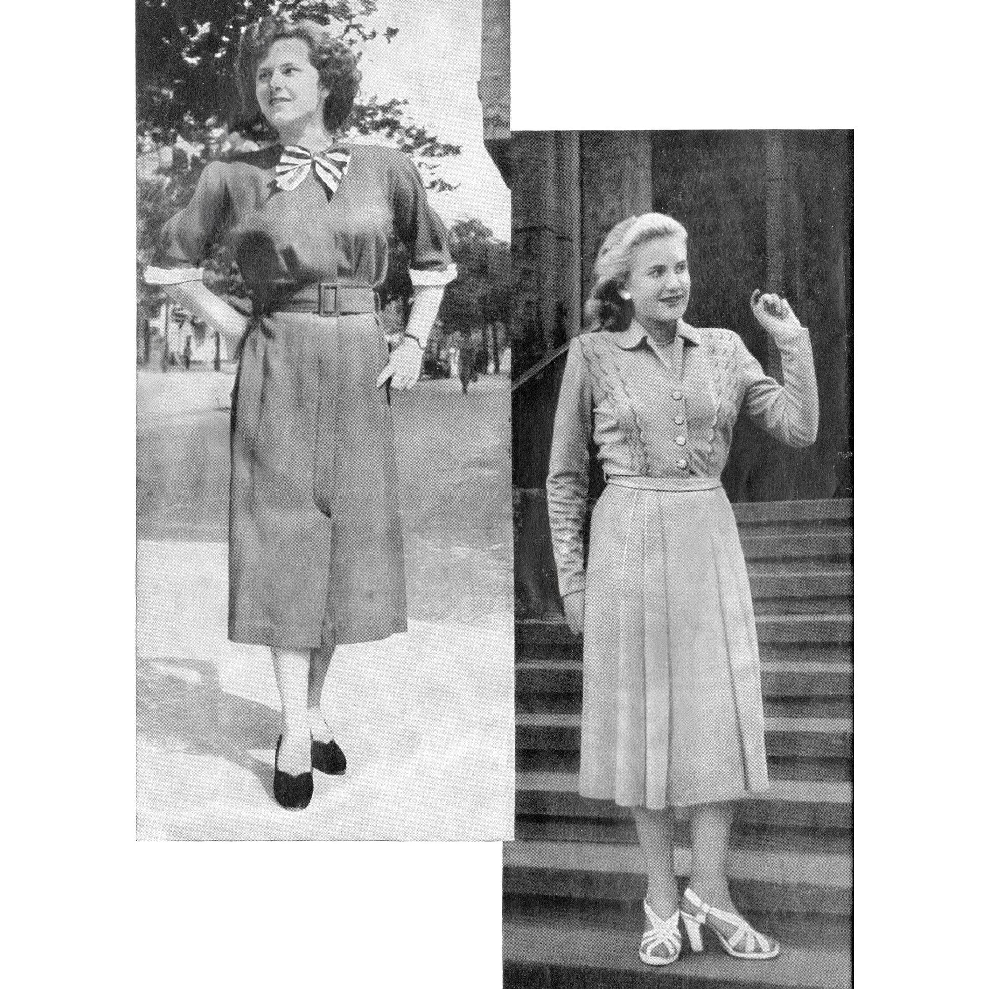 Black and white photo collage of two women in 1950s day dresses