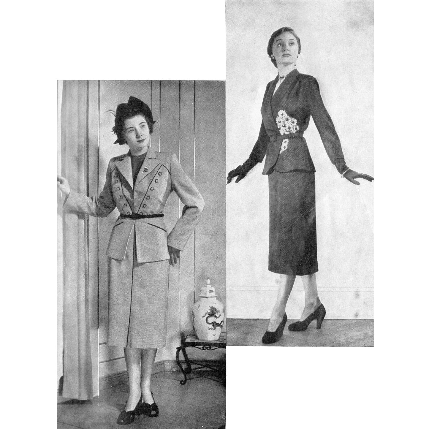 Black and white photo collage of two women in 1950s skirt suits