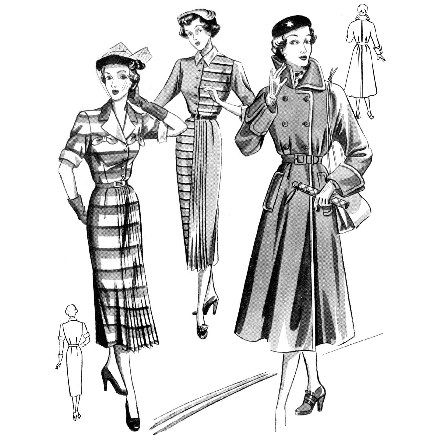 Vintage fashion illustration of three women wearing different outfits on a white background.