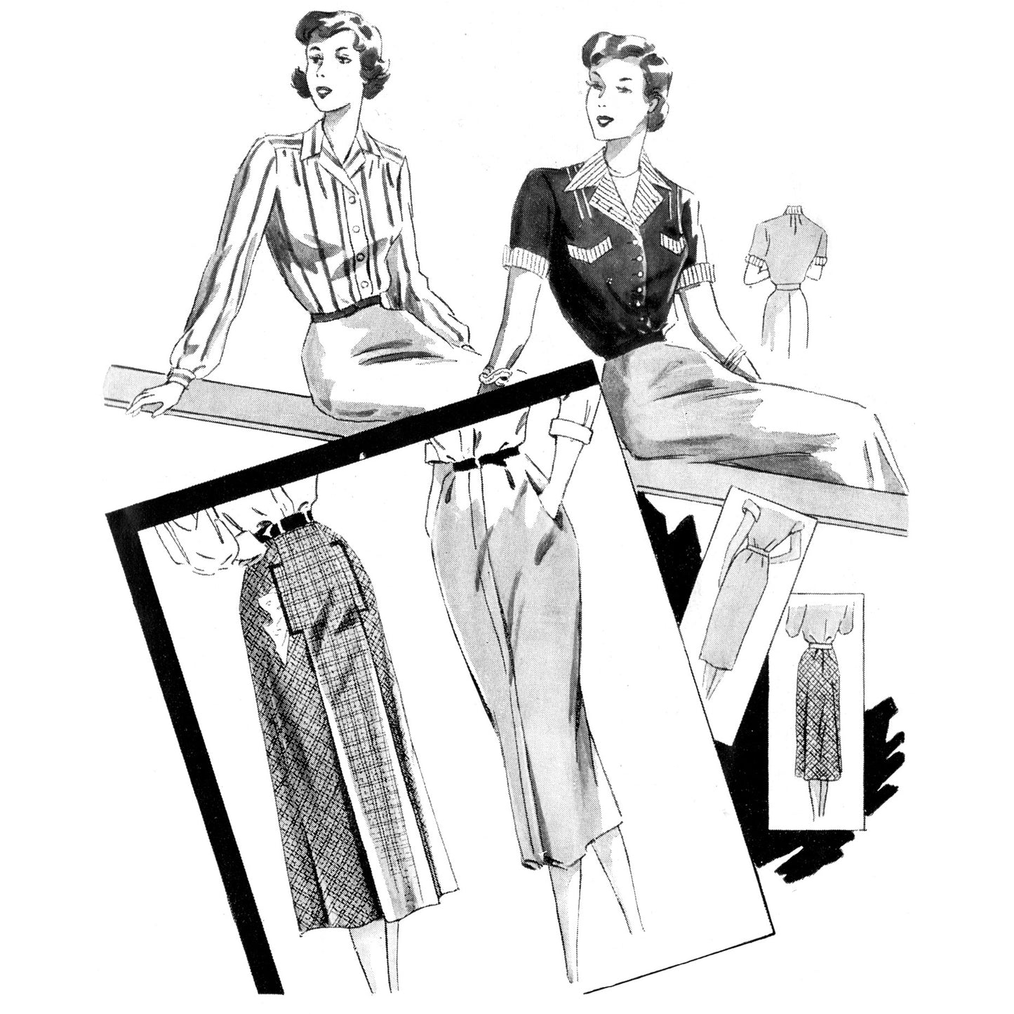 Vintage fashion illustration of women's clothing with blouses and skirts.