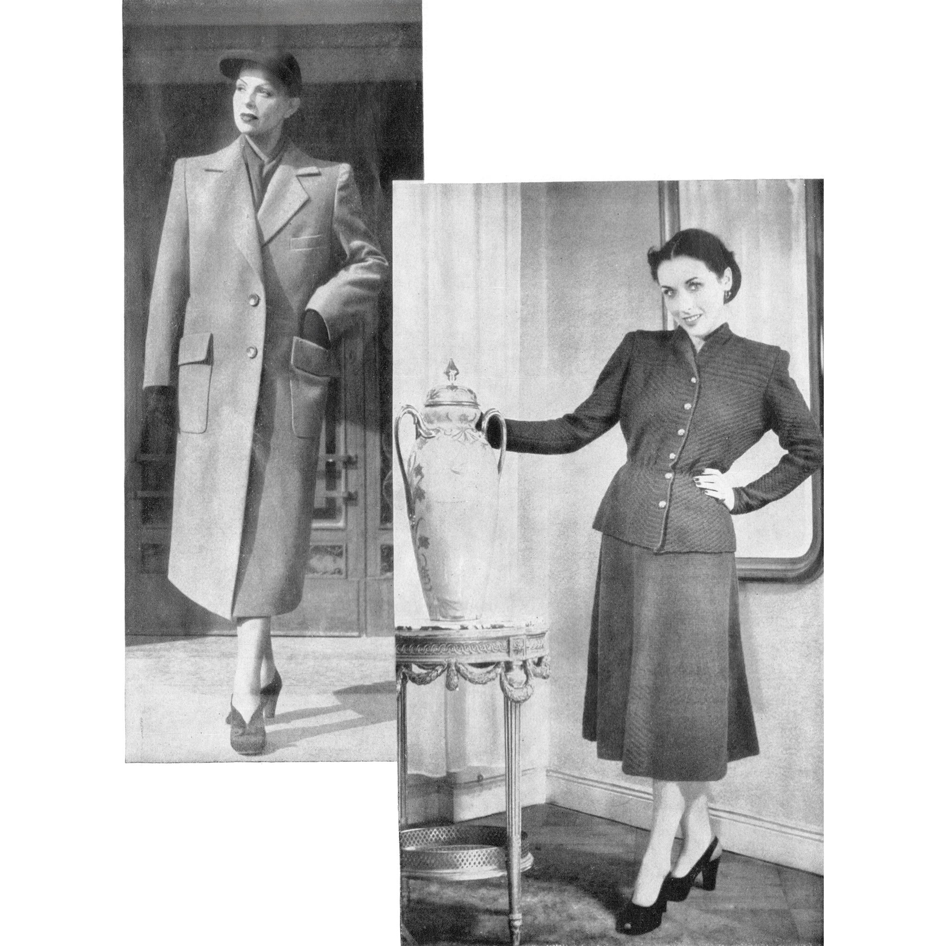 Black and white photo collage of two women wearing 1950s clothing: one in a tailored coat, the other in a skirt suit.