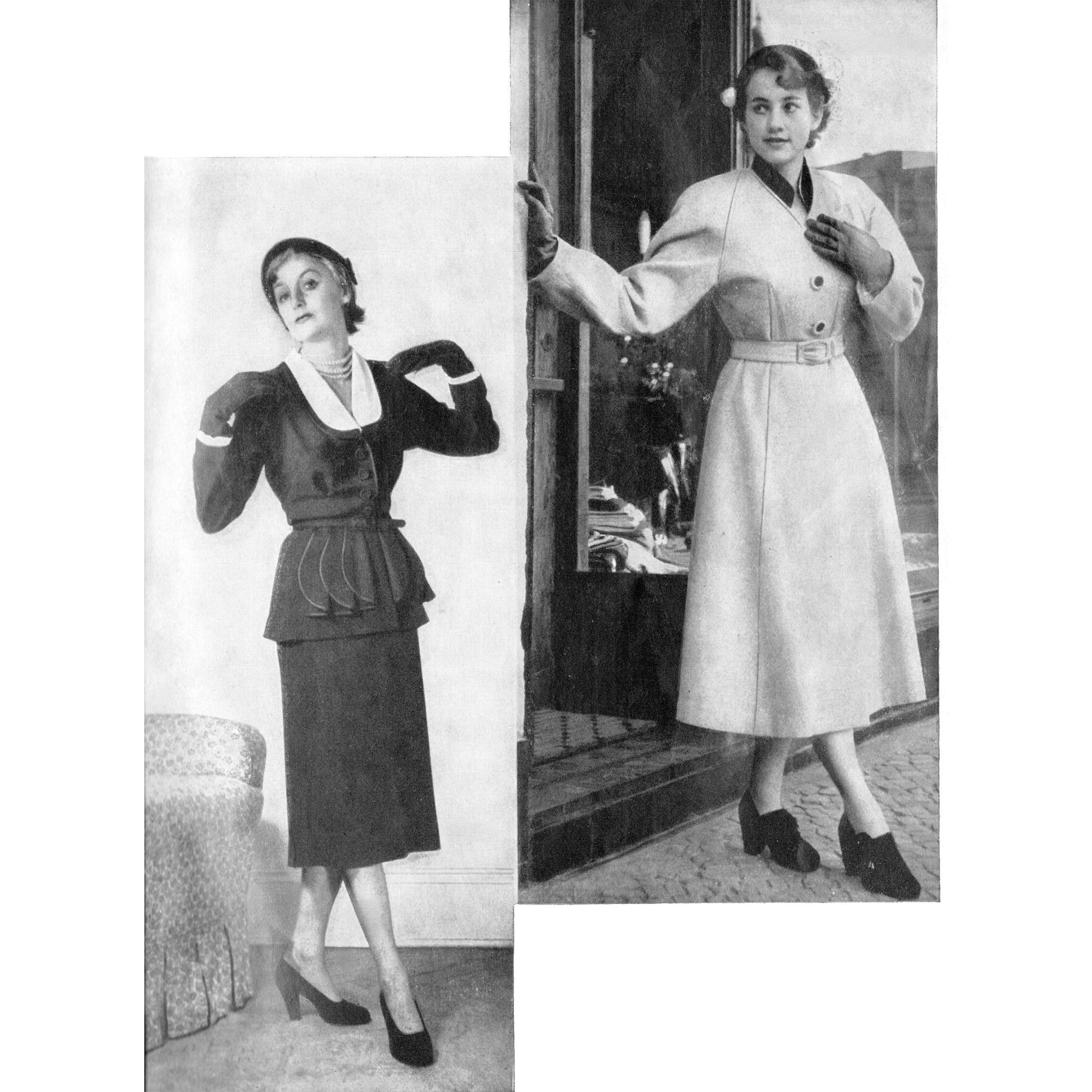 Black and white photo collage of two women wearing 1950s clothing: one in a tailored coat, the other in a skirt suit.