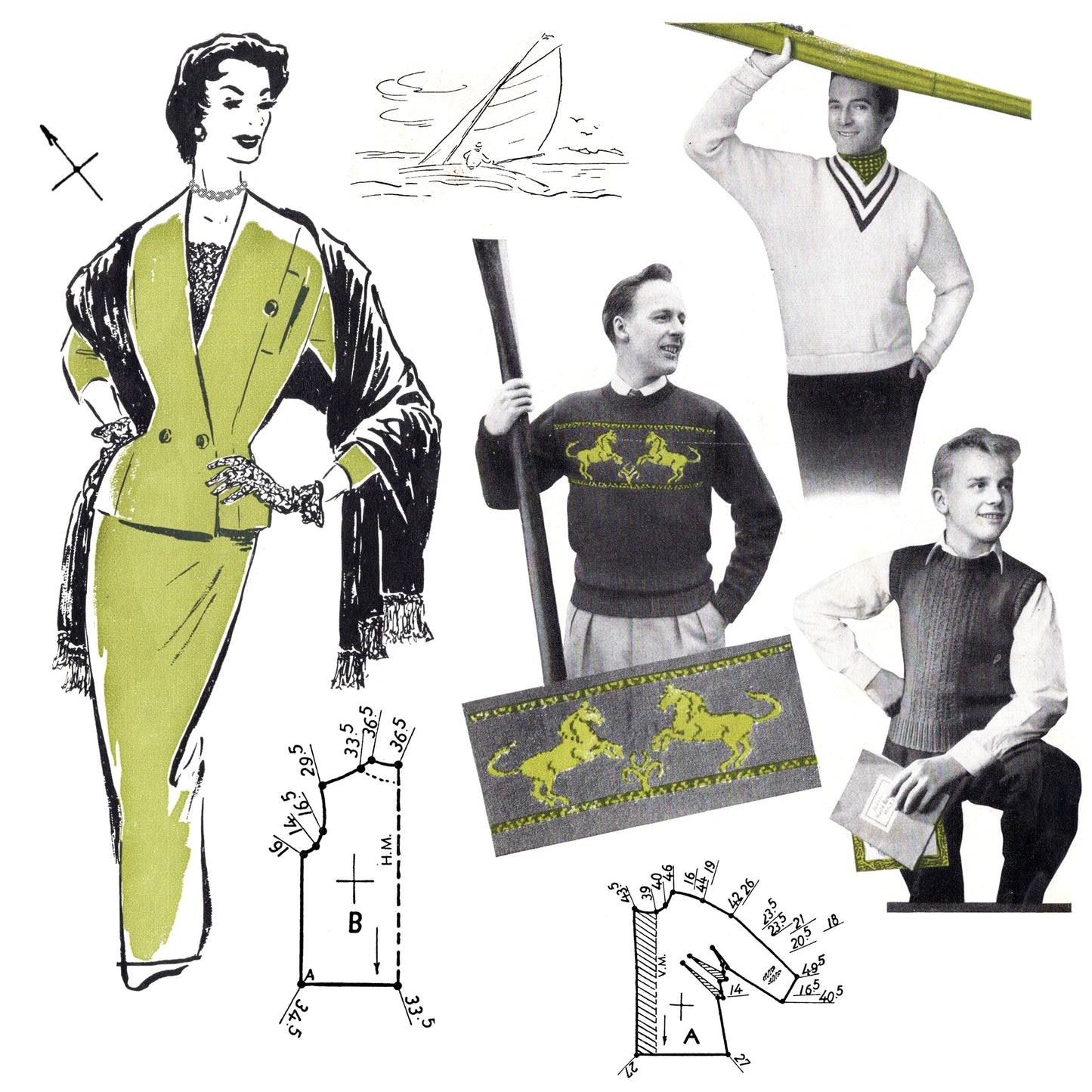 Vintage fashion illustration with a woman in a green suit, a man in a sweater, and patterned fabric with horse design.