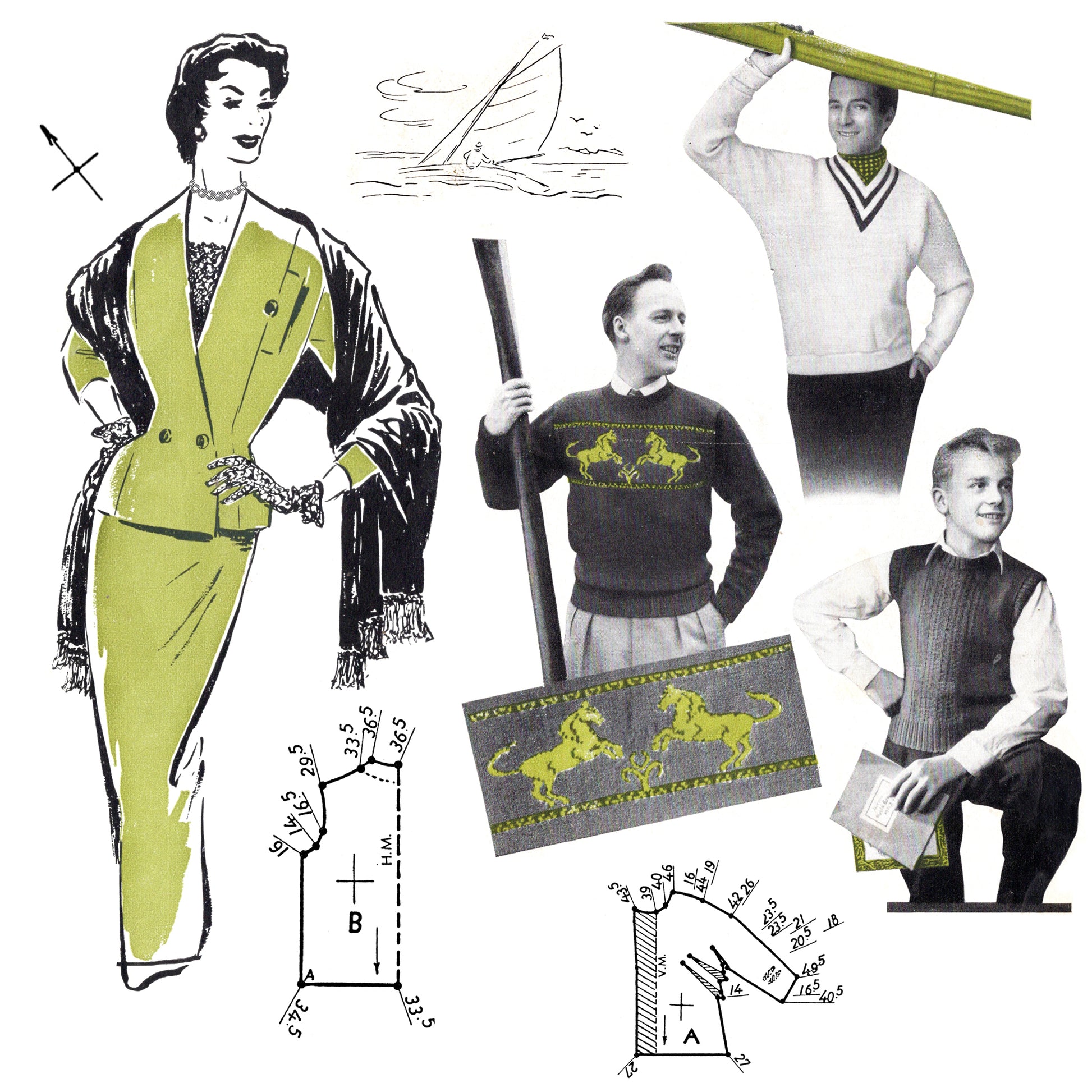 Vintage fashion illustration with a woman in a green suit, a man in a sweater, and patterned fabric with horse design.