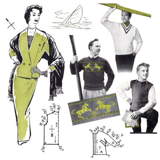 Vintage fashion illustration with a woman in a green suit, a man in a sweater, and patterned fabric with horse design.