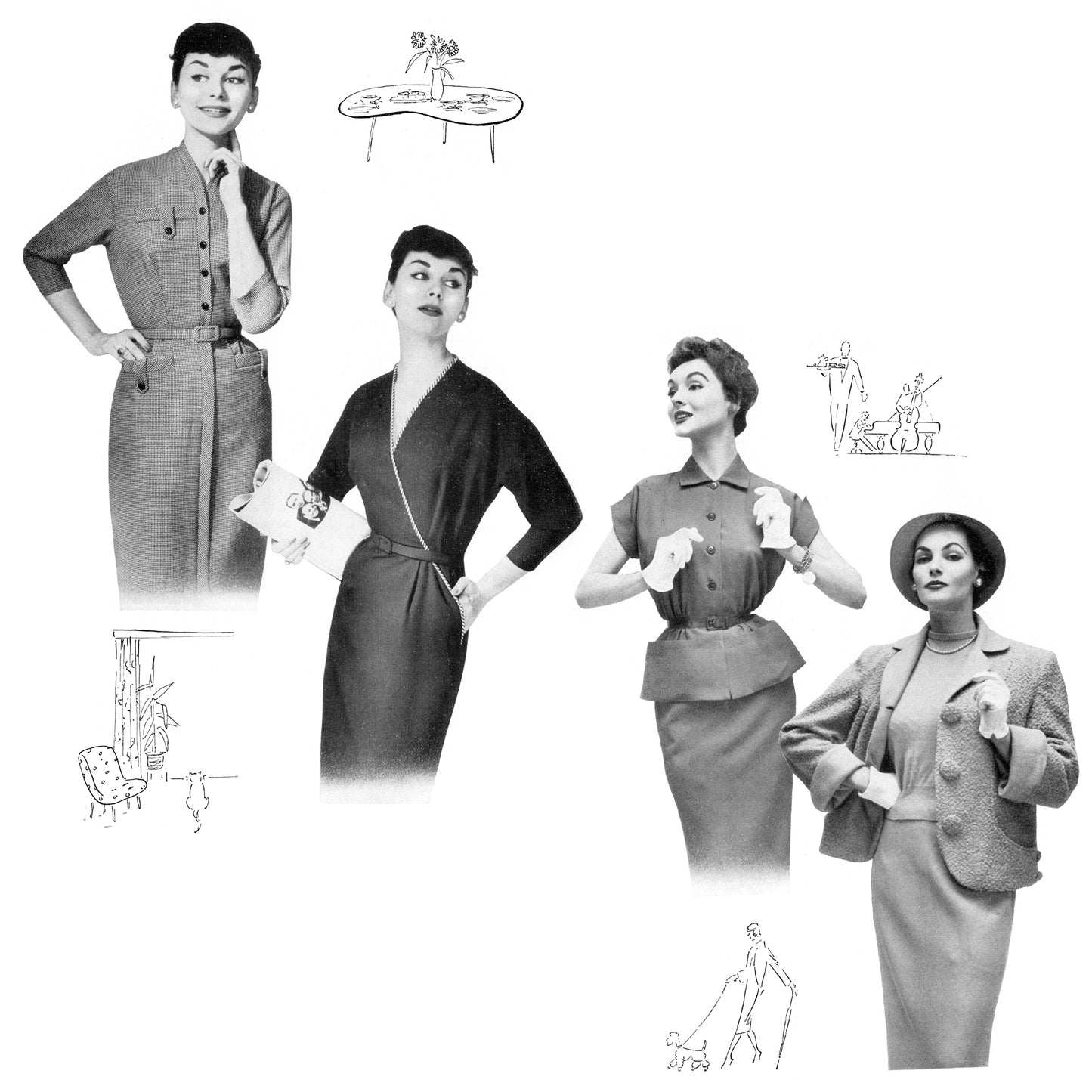 Black and white photo collage of four women in vintage outfits with fashion sketches.