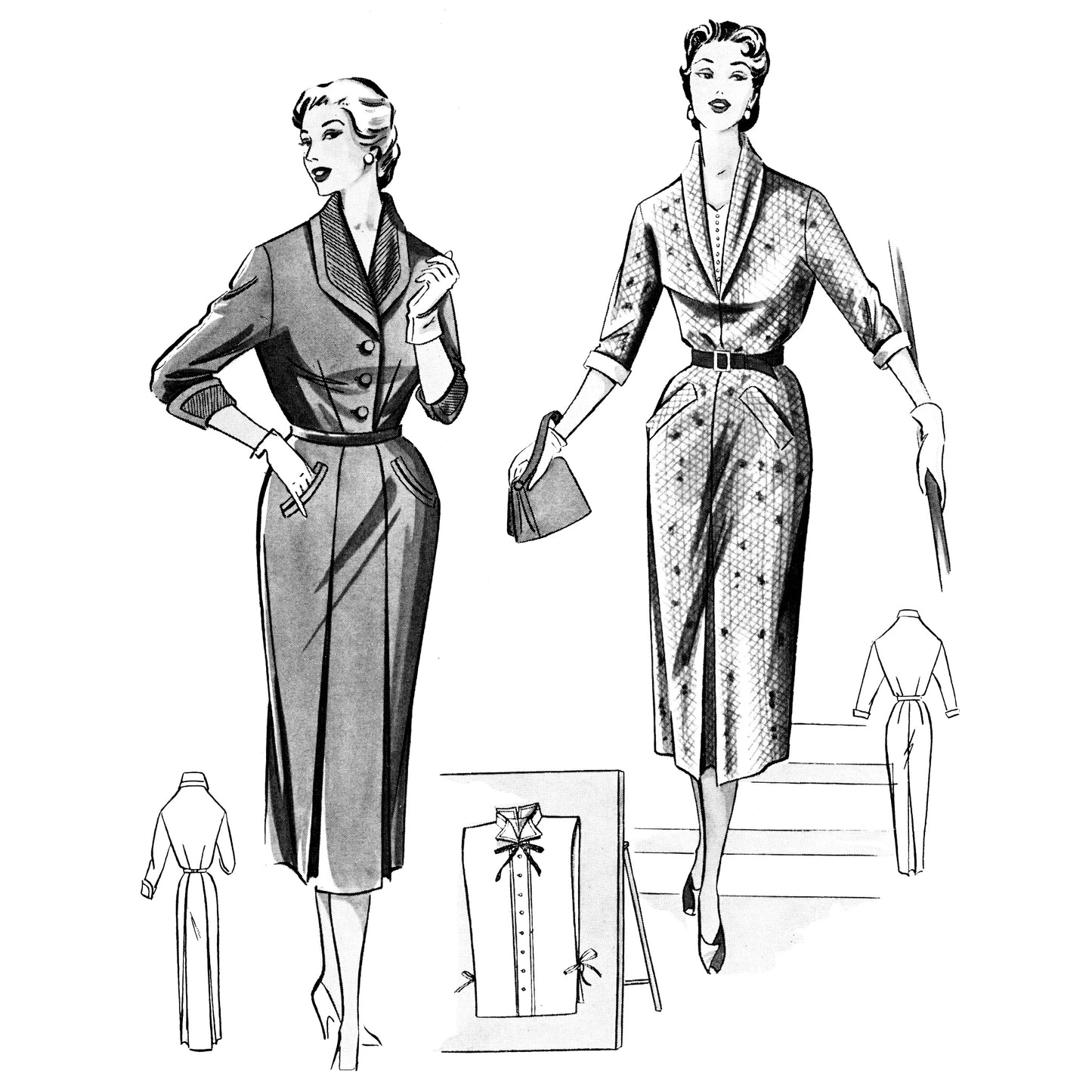 Vintage fashion illustration of two women wearing dresses with patterned fabric and a plain fabric.