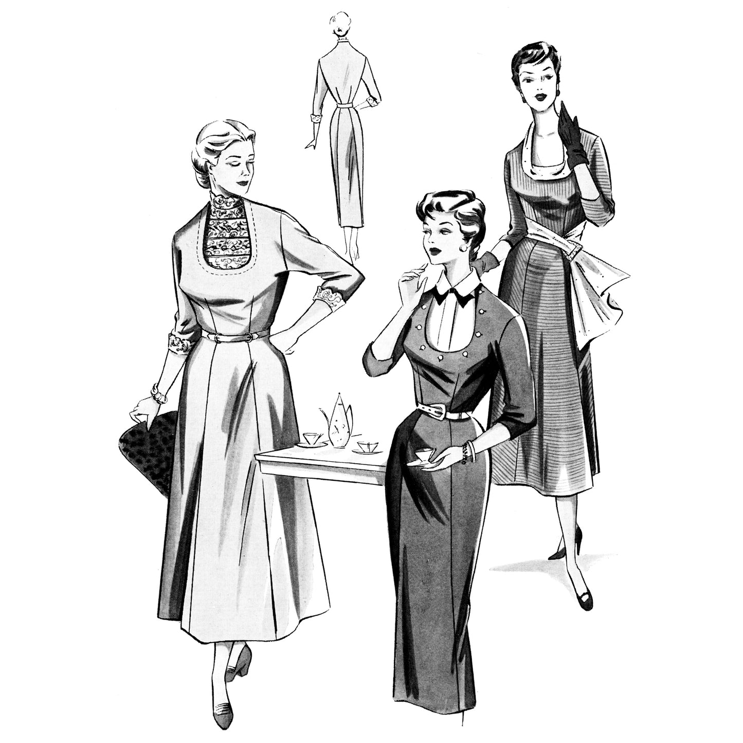 Vintage black and white illustration of women in 1950s attire with a table and tea set.