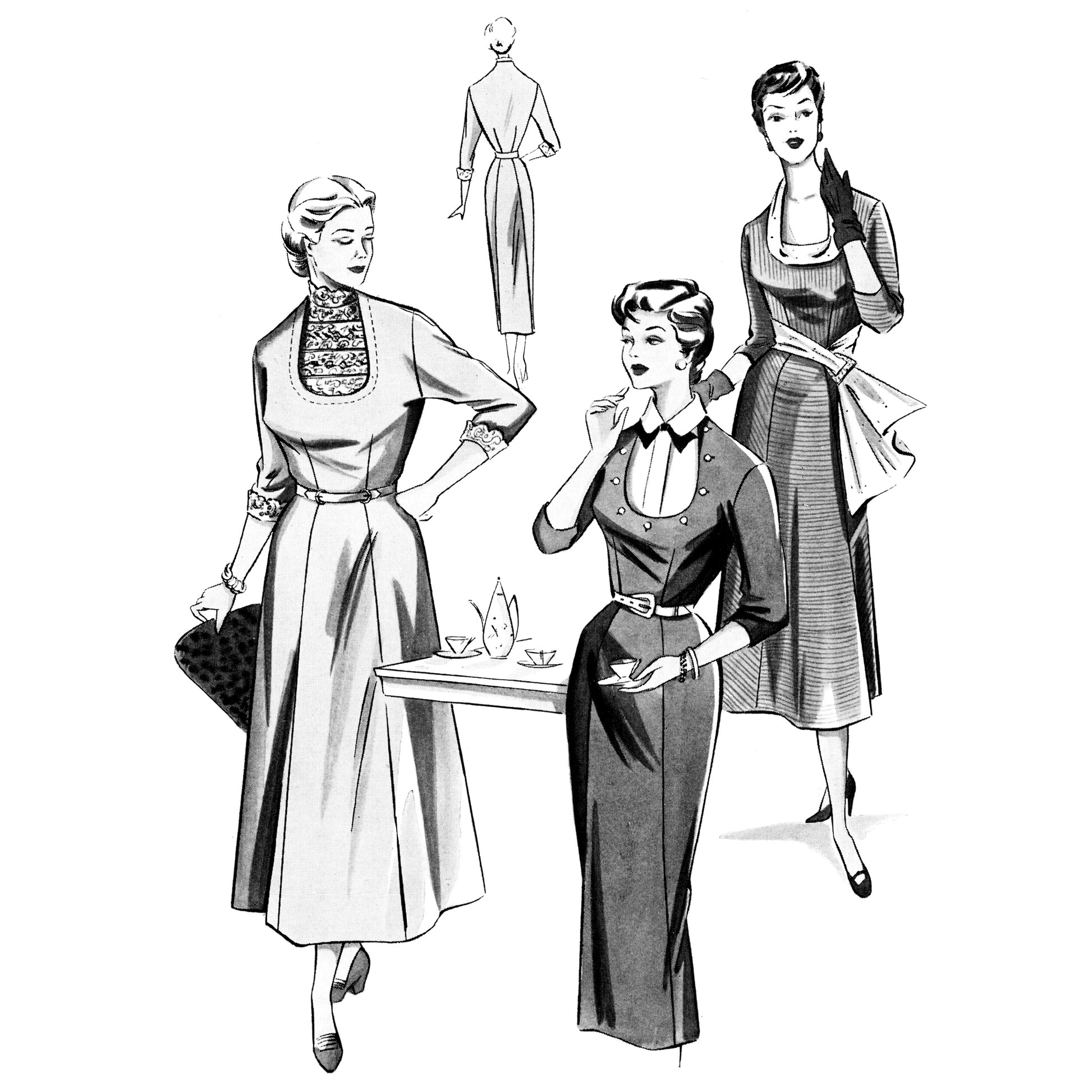 Vintage black and white illustration of women in 1950s attire with a table and tea set.