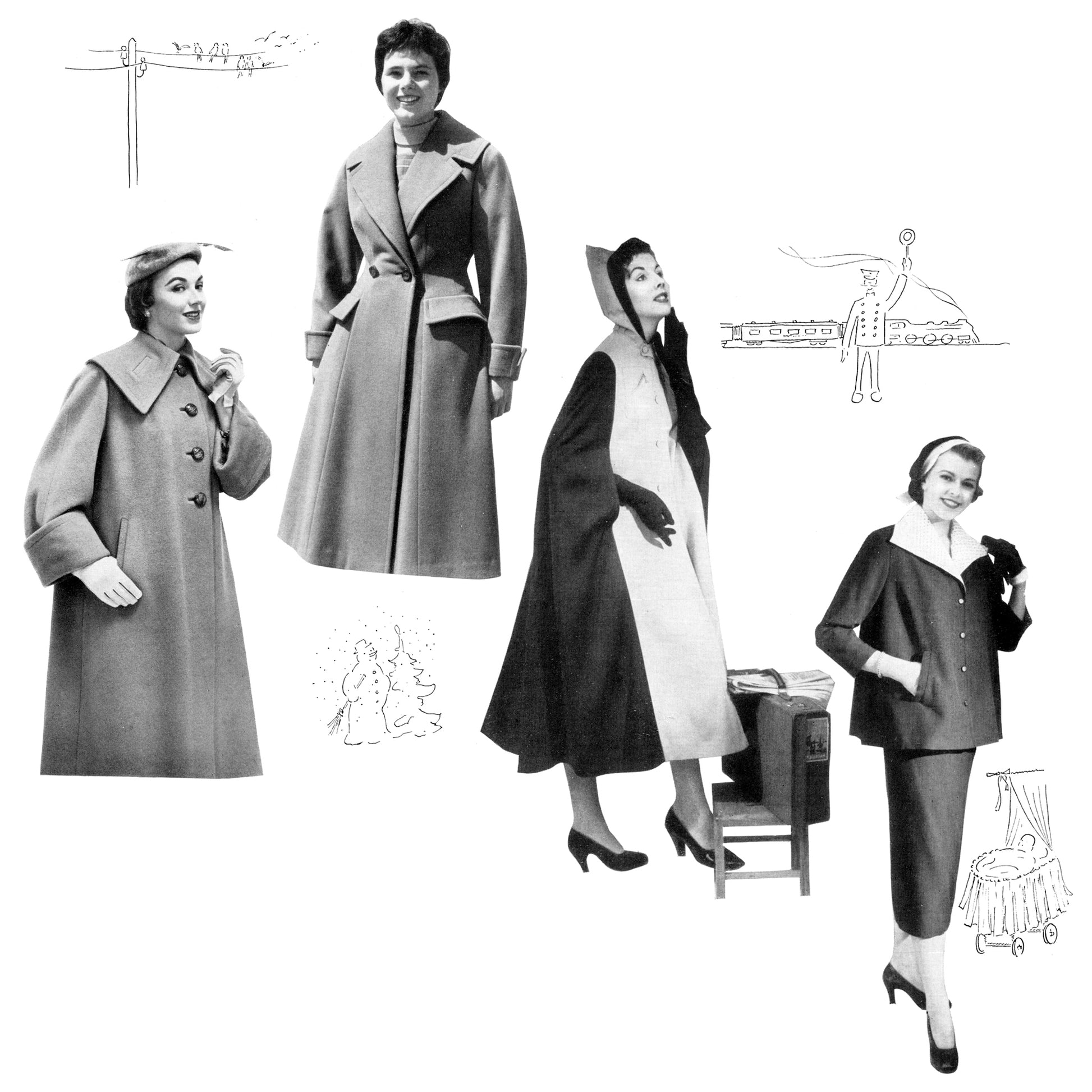 Black and white photo collage of women wearing vintage maternity clothing.