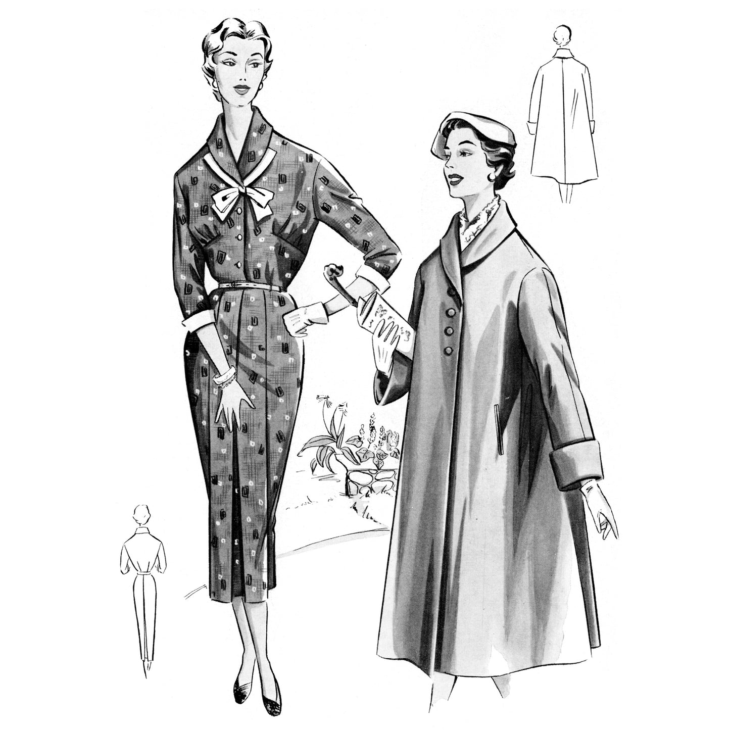 Vintage fashion illustration of two women wearing a patterned dress and coat with additional views.