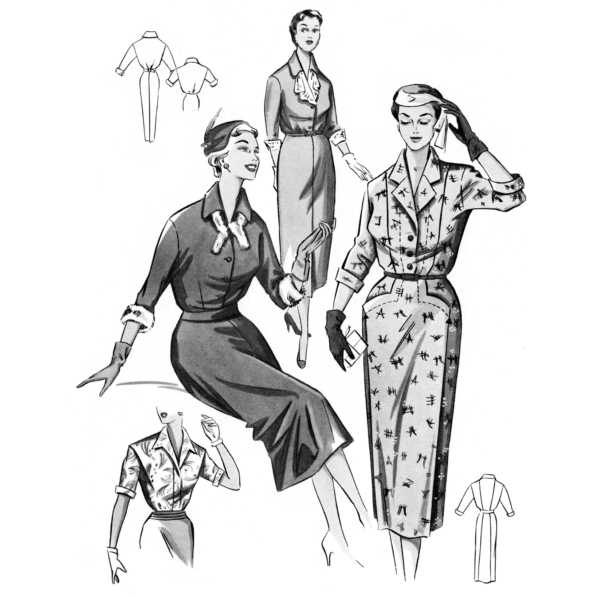 Vintage fashion illustration of three women wearing 1950s dresses.