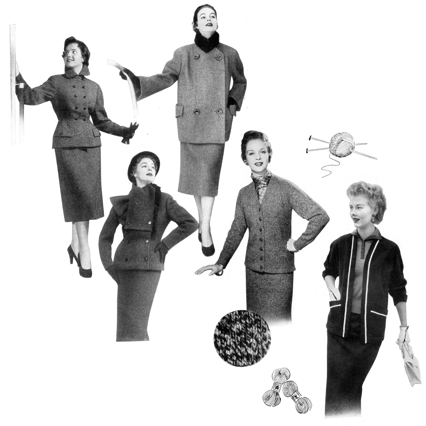 Black and white photo collage of women's fashion with suits and accessories.
