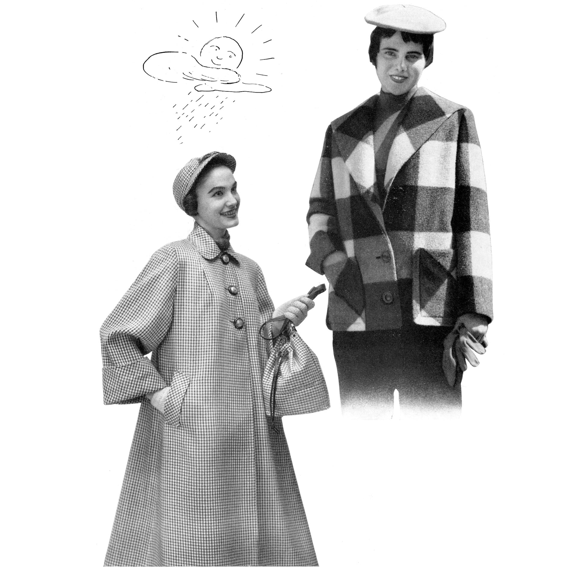 Two women in vintage clothing with a checkered pattern on a white background