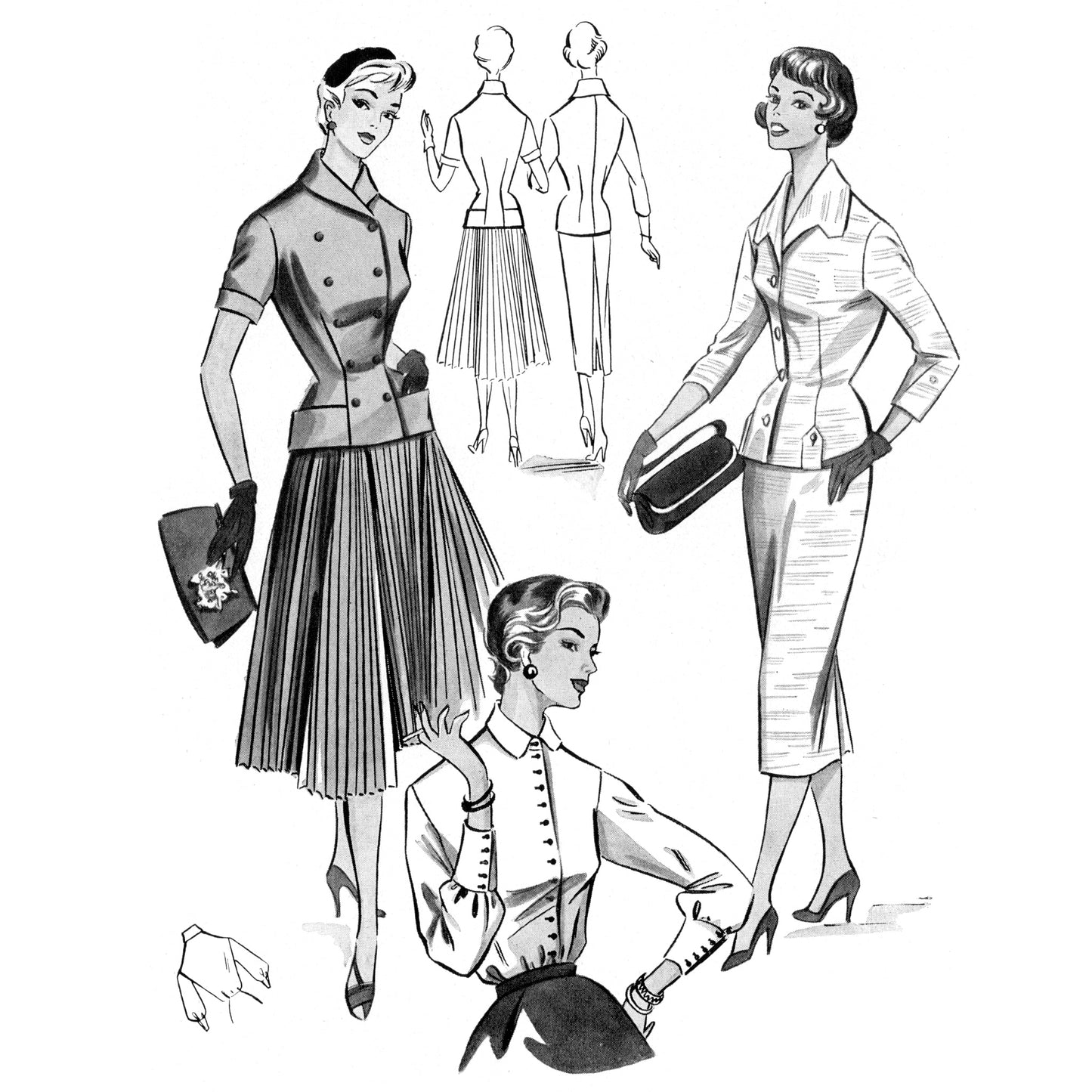 Black and white illustration of vintage women's clothing with a focus on jackets and skirts.