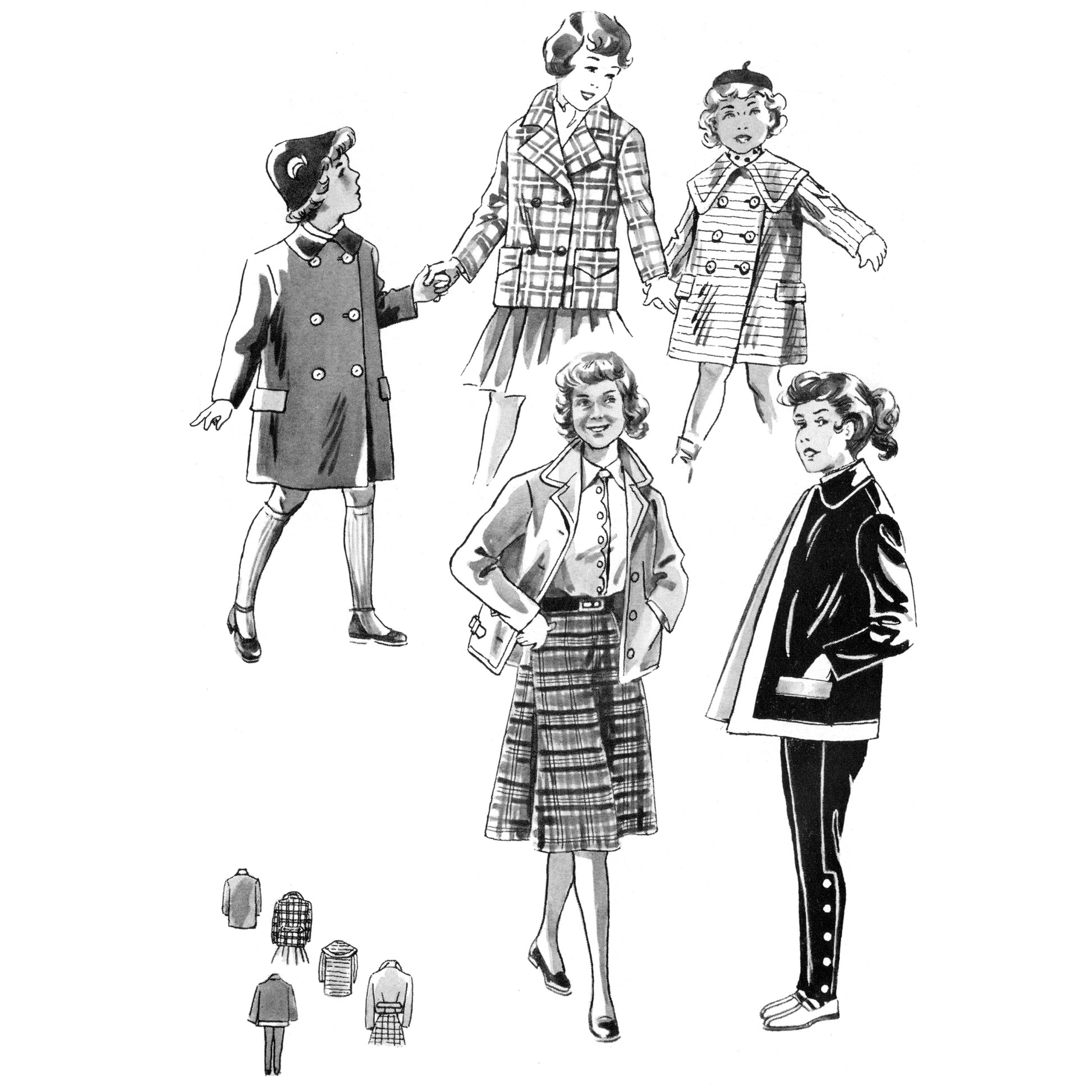 Black and white illustration of children's clothing patterns with five girls wearing different outfits.
