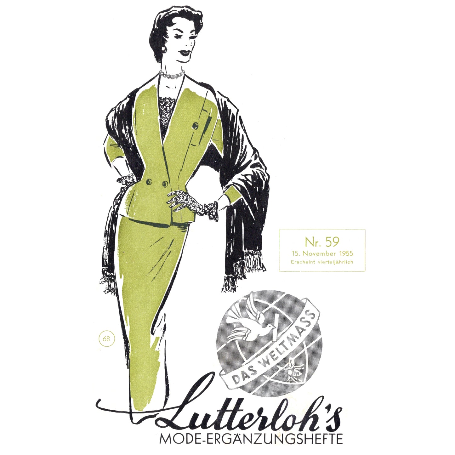 Vintage fashion illustration of a woman in a green suit with Lutterloh's branding.