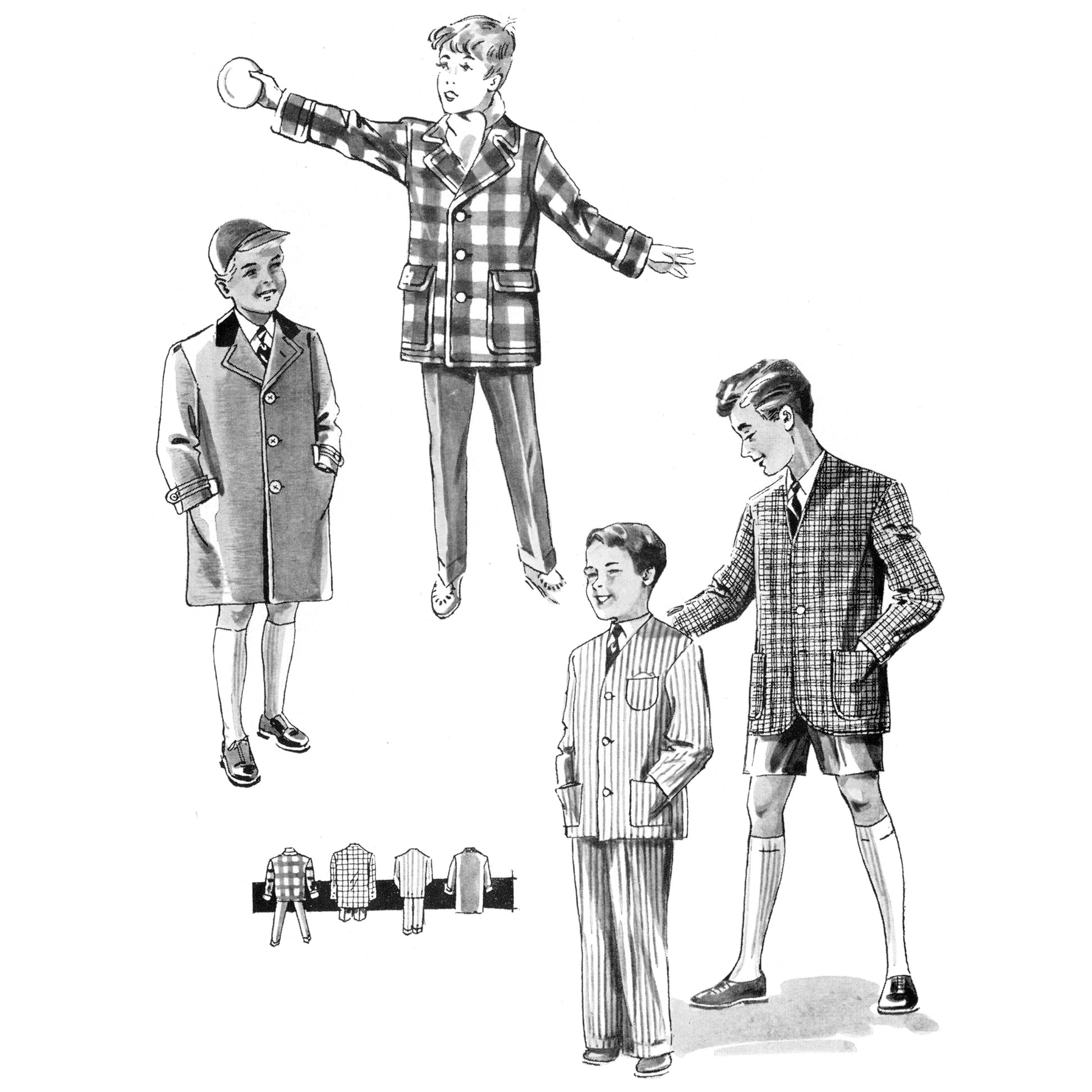 Vintage illustration of boys' clothing patterns with checkered suits and coats.