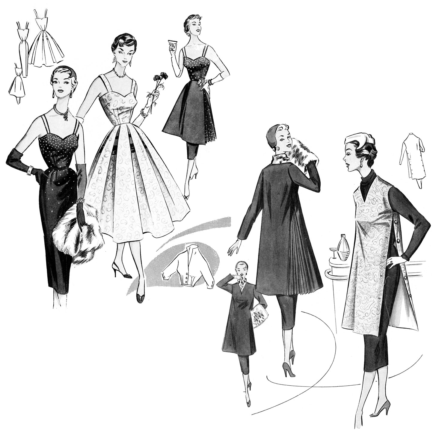 Black and white illustration of vintage 1950s women's fashion with dresses and accessories.