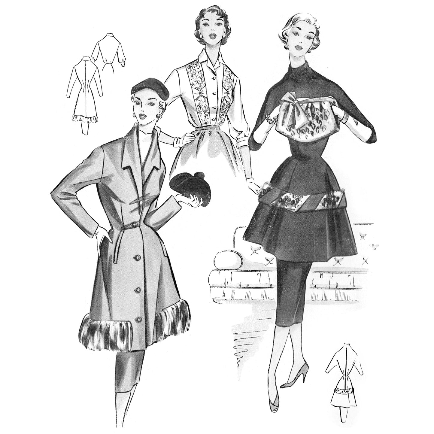Vintage fashion illustration of three women wearing different outfits with a white background.