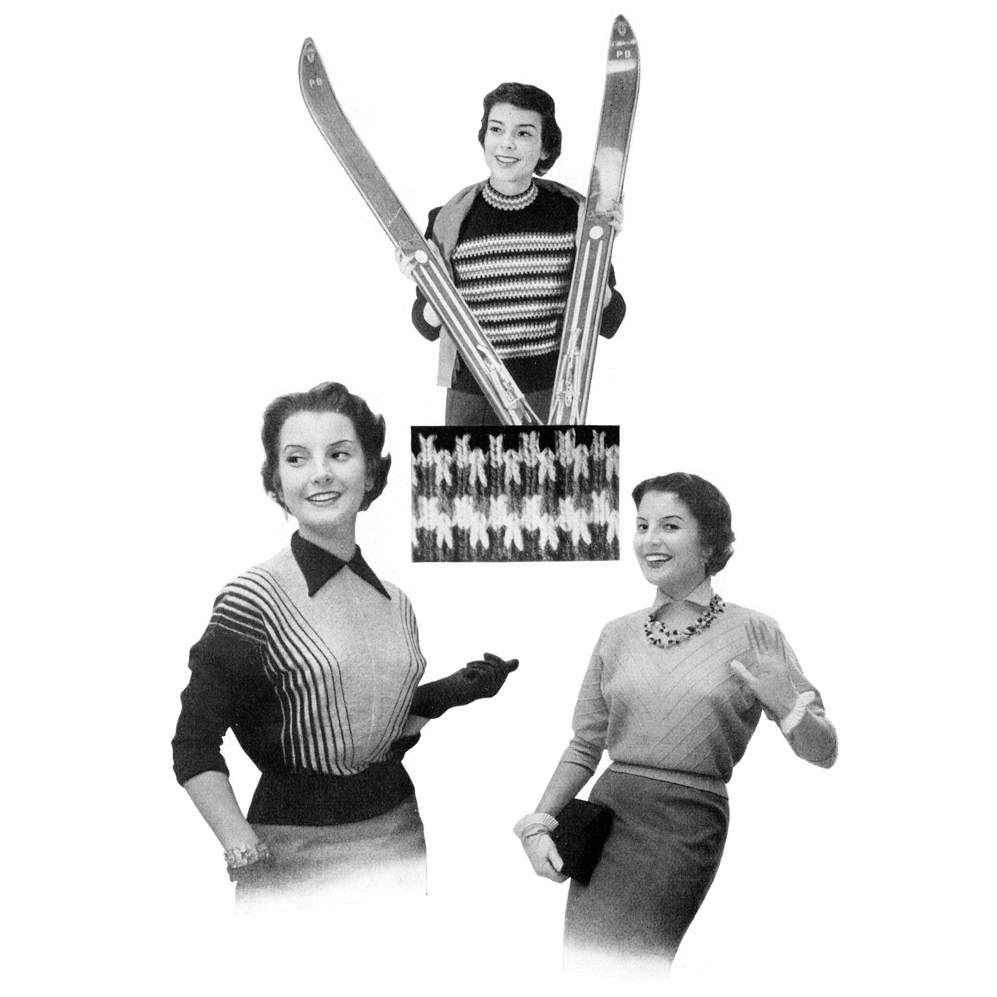Black and white collage of a woman with skis and two other women in 1950s sweaters.