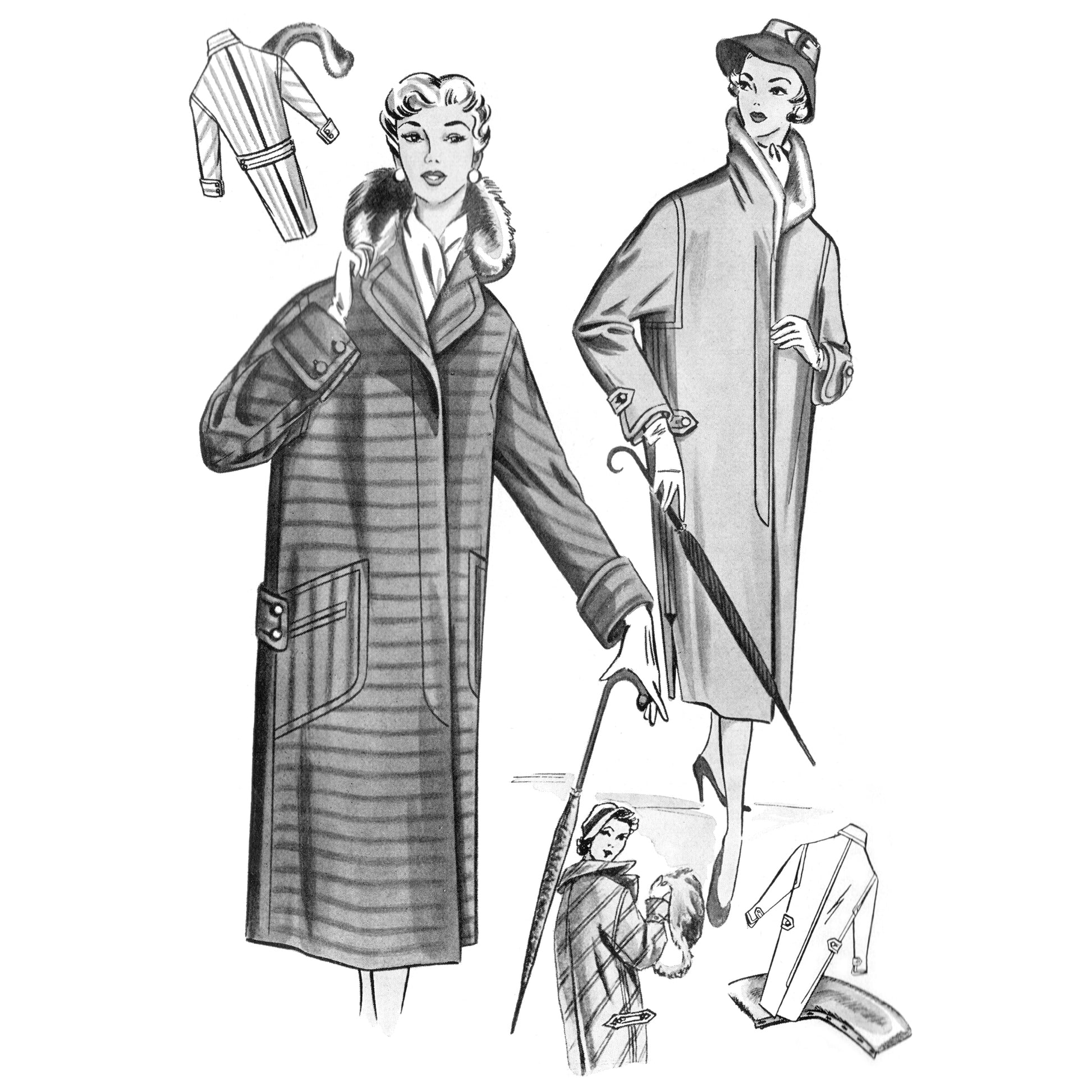 Vintage illustration of a two women wearing long coats with additional coat views displayed.