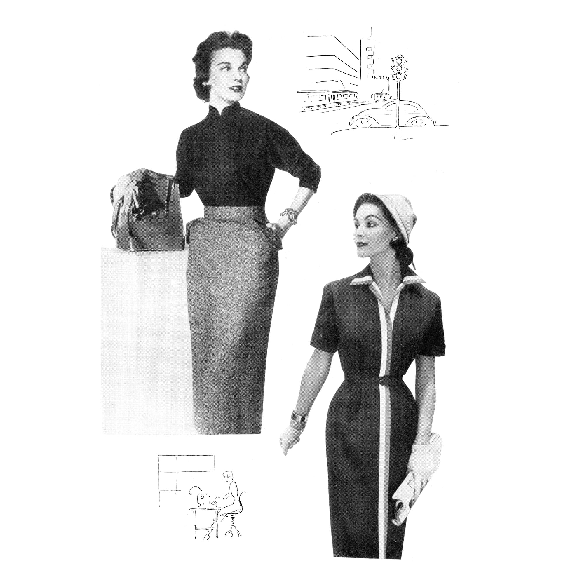 Black and white photo collage of two women in vintage attire with line drawings.
