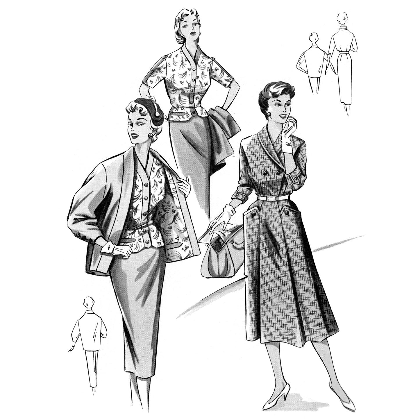 Black and white illustration of vintage women's clothing with a focus on dresses and jackets.